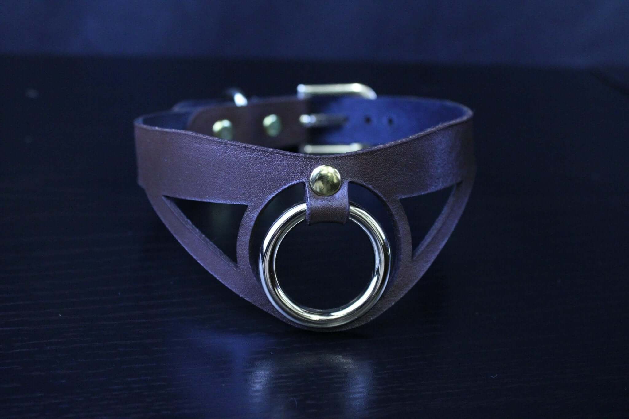 Minimalist brown leather BDSM posture collar with bold O-ring for submissive jewelry and bondage gear.