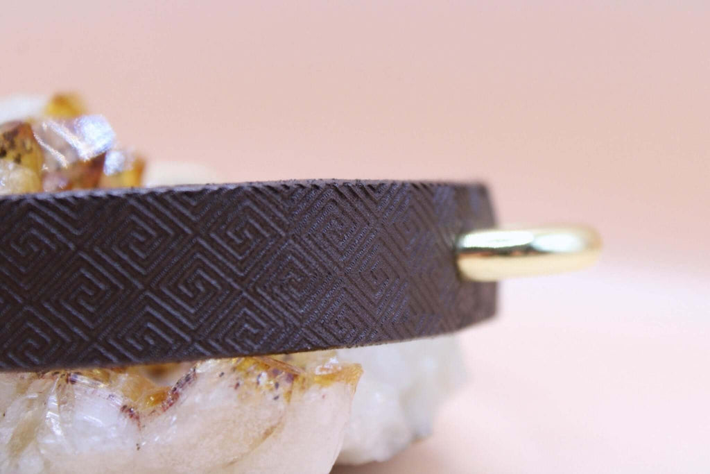Minimalist leather submissive collar with gold accent and geometric pattern, perfect for BDSM or discreet day wear.