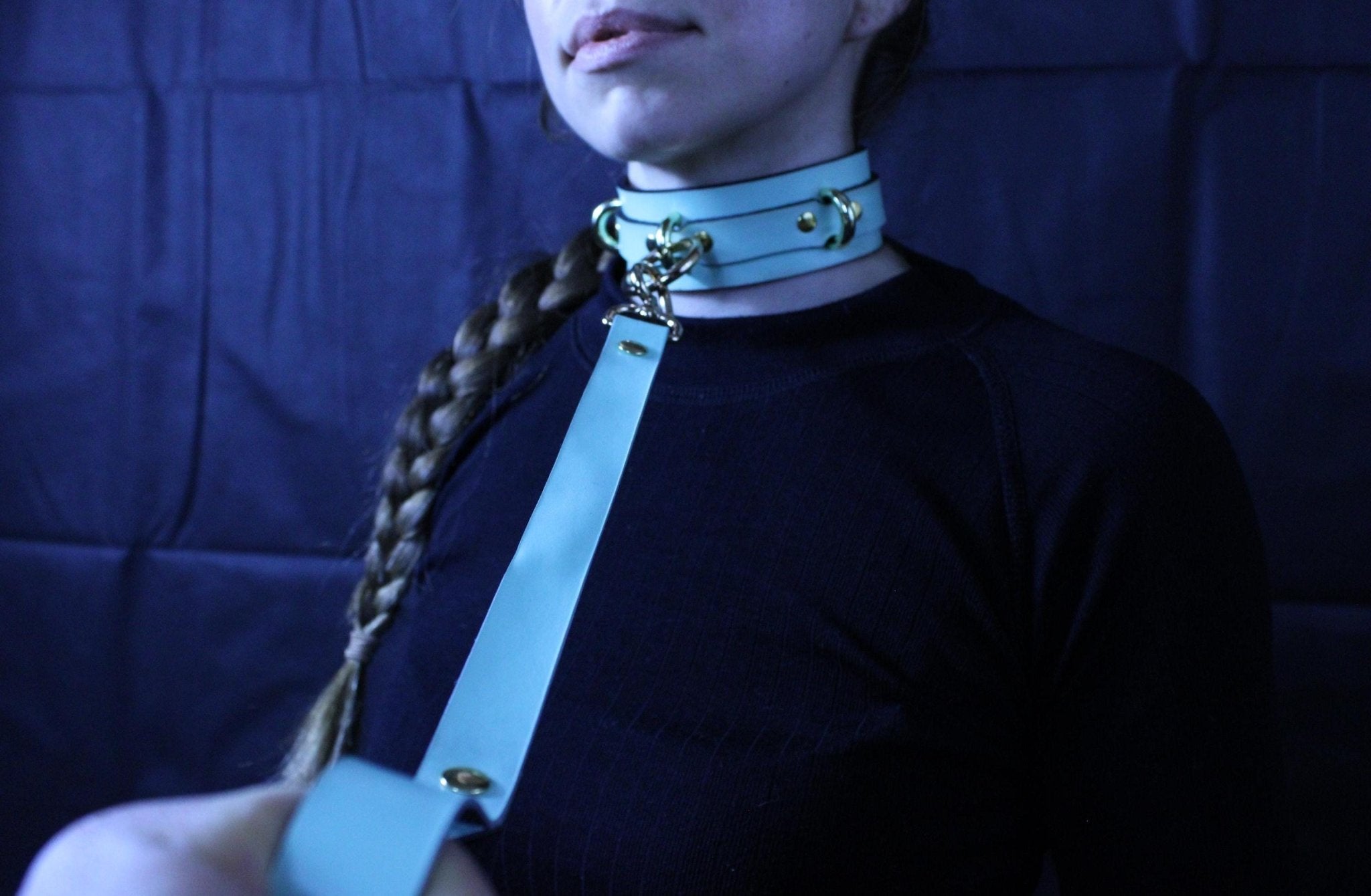 Mint BDSM collar with leash showcasing style and submission, perfect for bondage and petplay.
