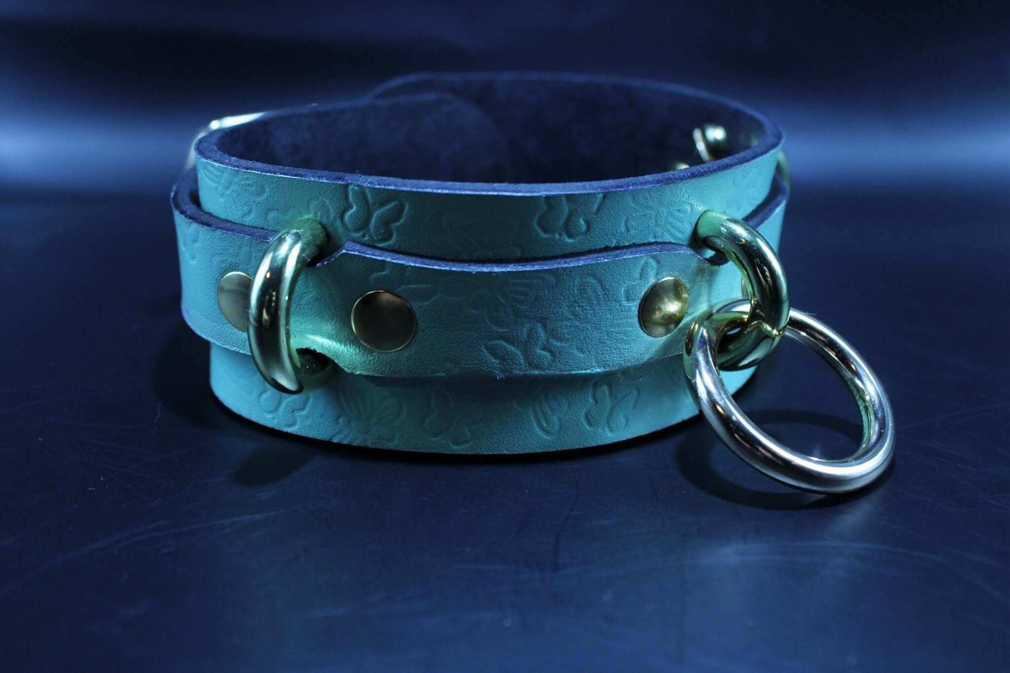 Mint green submissive collar with butterfly embossing, perfect for bondage and BDSM play, featuring gold hardware.