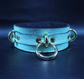 Mint green butterfly embossed submissive collar with gold rings, perfect for bondage gear and BDSM jewelry.