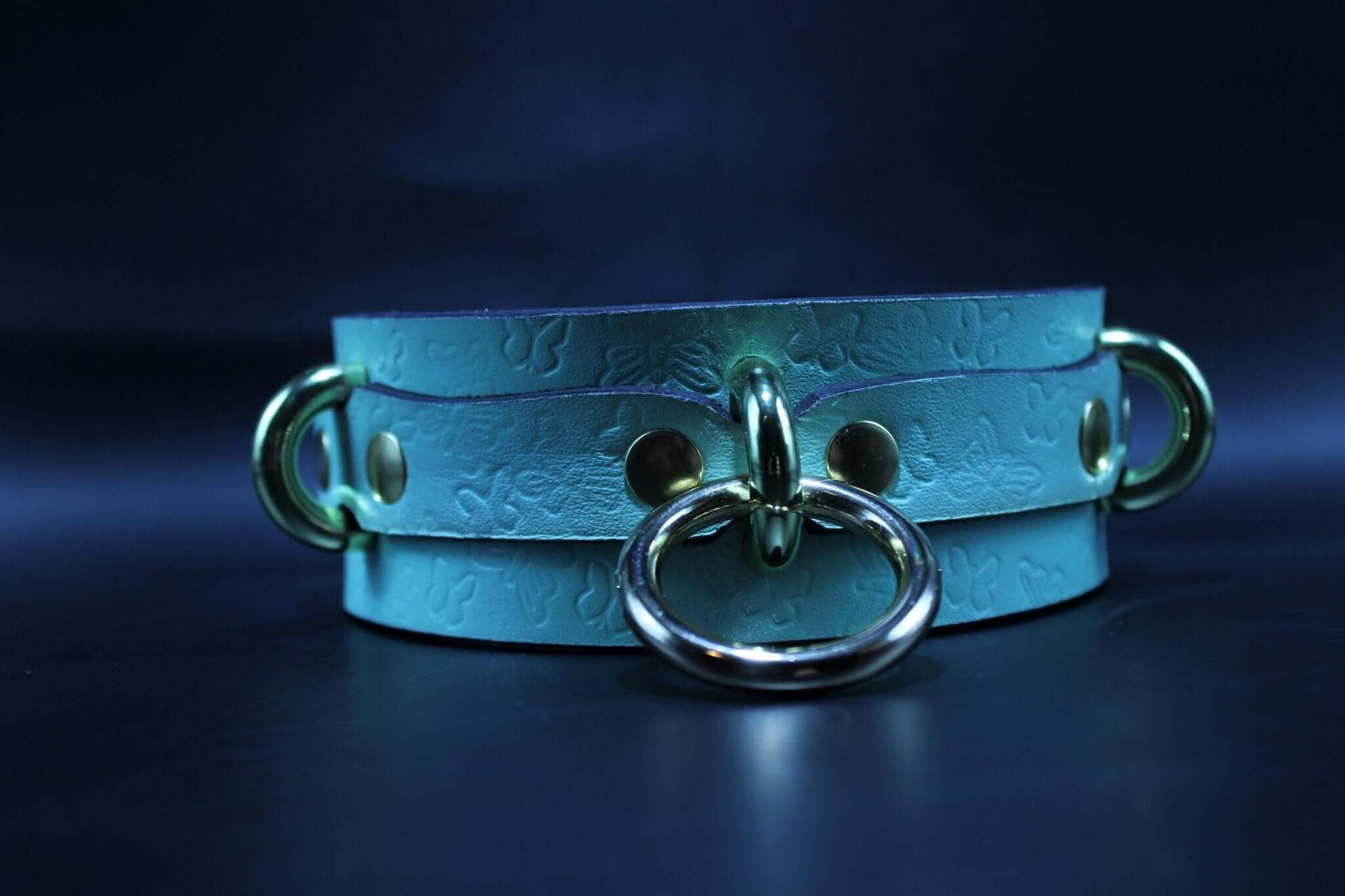 Mint green submissive collar with butterfly embossing, perfect for BDSM and erotic play, adjustable and stylish accessory.