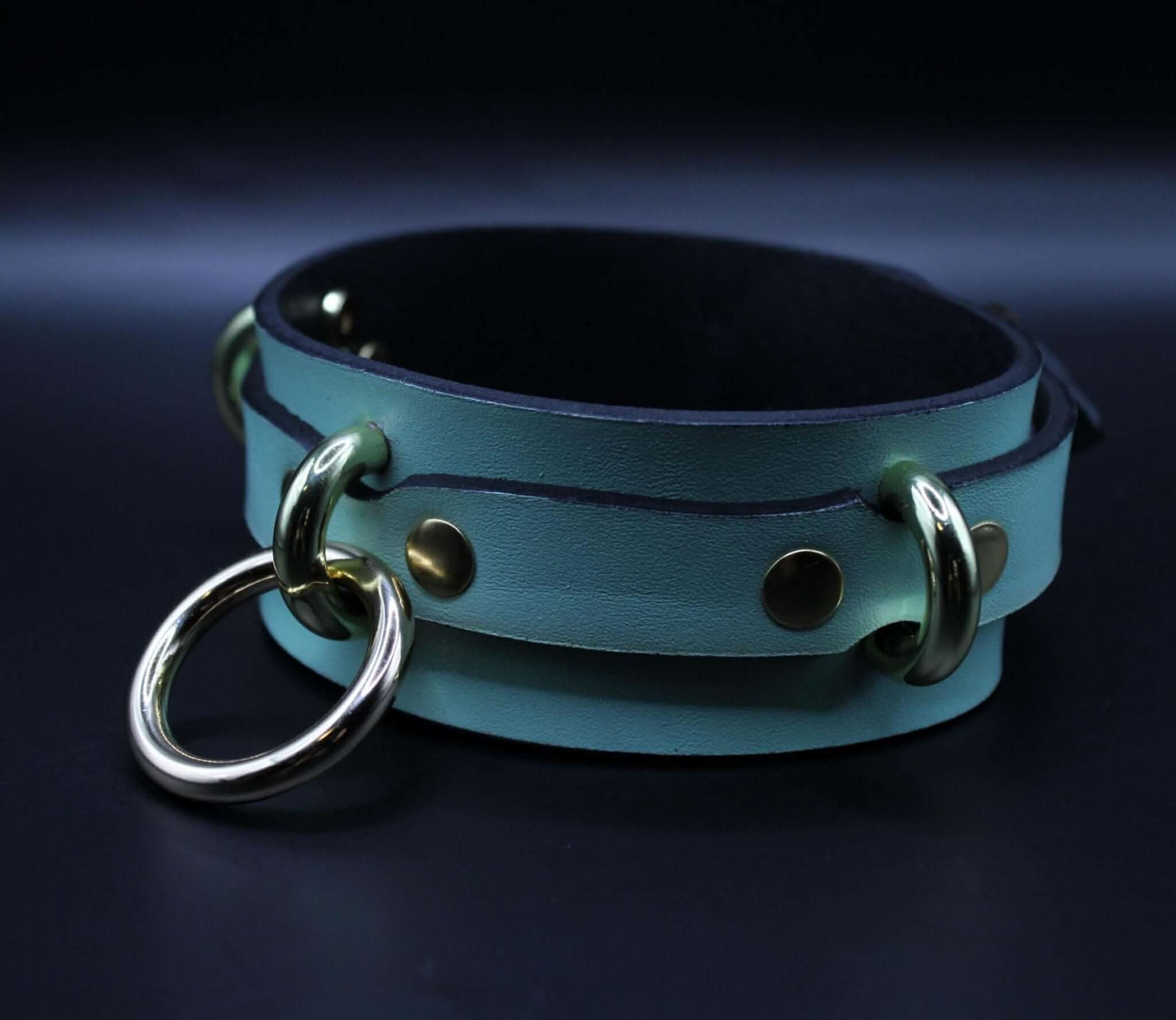 Mint green posture collar with gold O-ring, designed for BDSM, submissive jewelry, and bondage elegance.