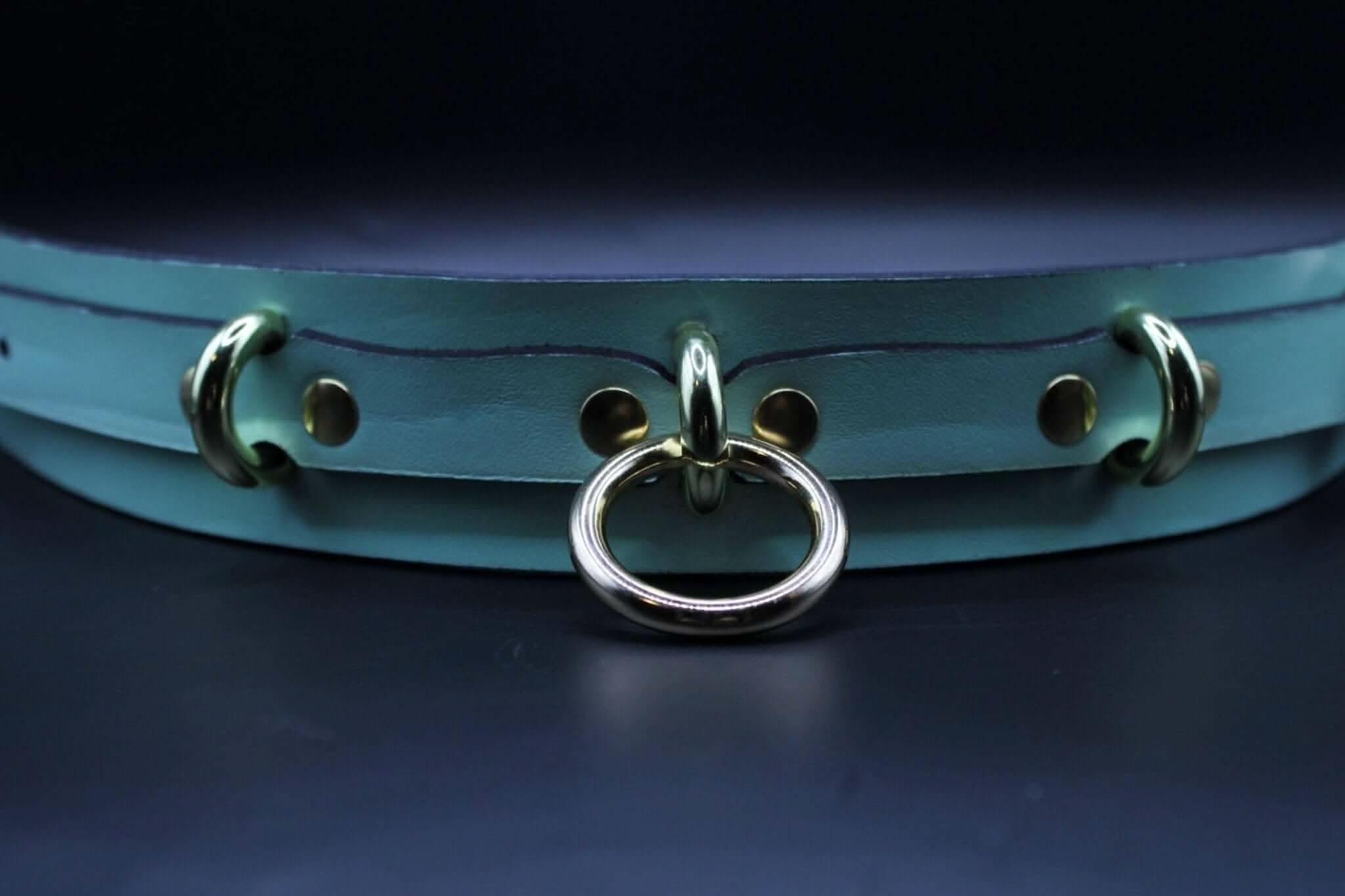 Mint green leather posture collar with gold O-ring, perfect for BDSM, submissive jewelry, and erotic lingerie.