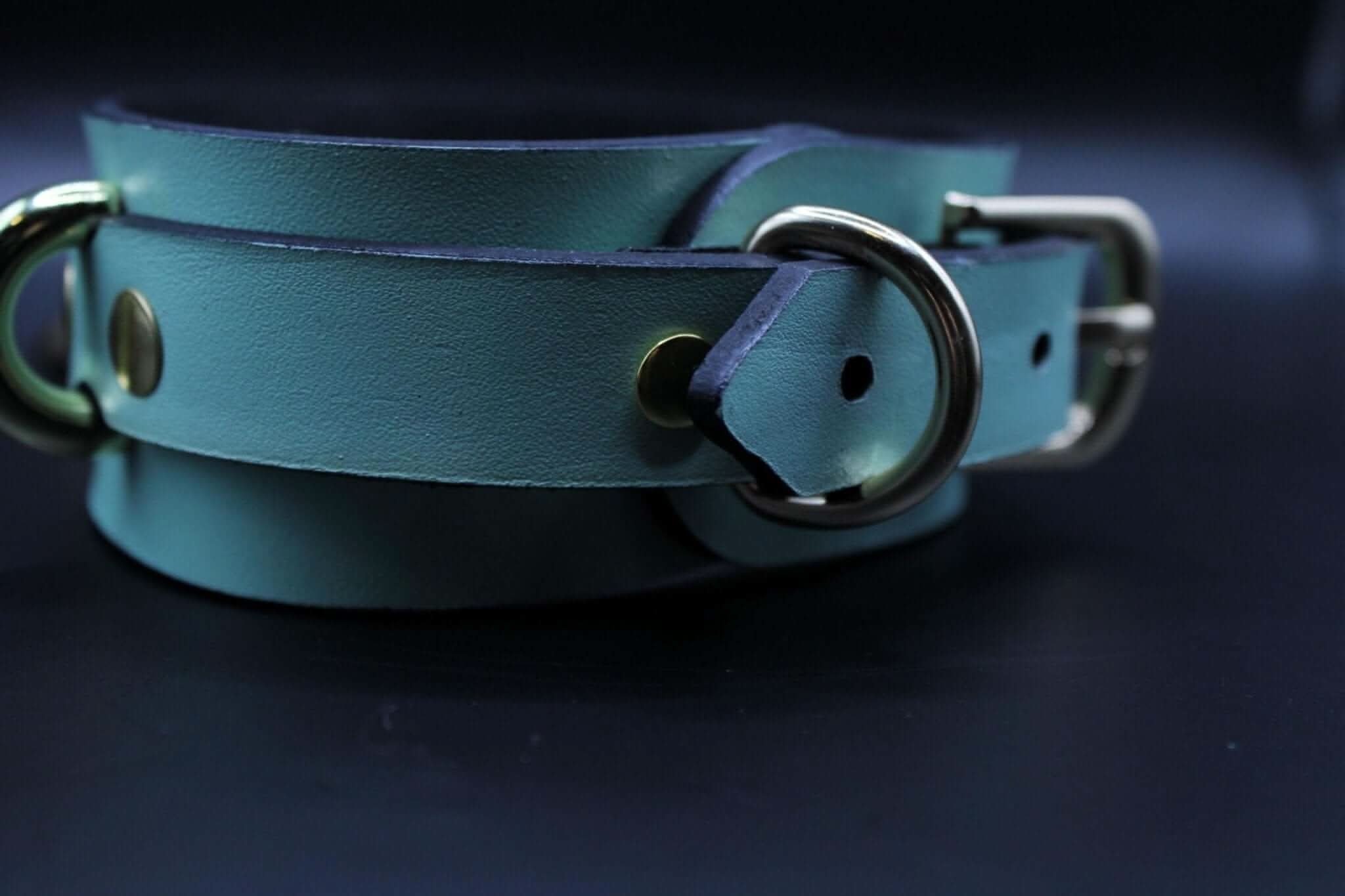 Mint green BDSM posture collar with gold O-ring, ideal for submissive jewelry and bondage gear.