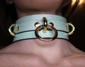 Mint green posture collar with gold O-ring, perfect for BDSM and submissive jewelry. Elegant and structured design.
