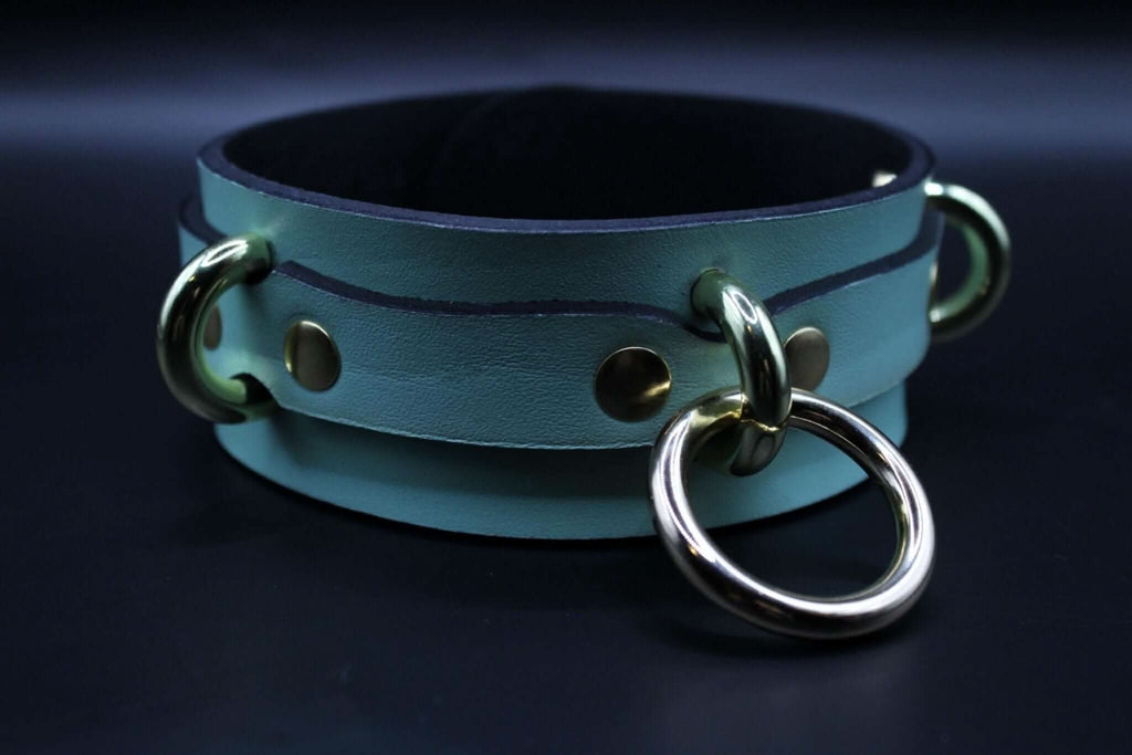 Mint green posture collar with gold O-ring, ideal for BDSM, submissive jewelry, and bondage accessories.