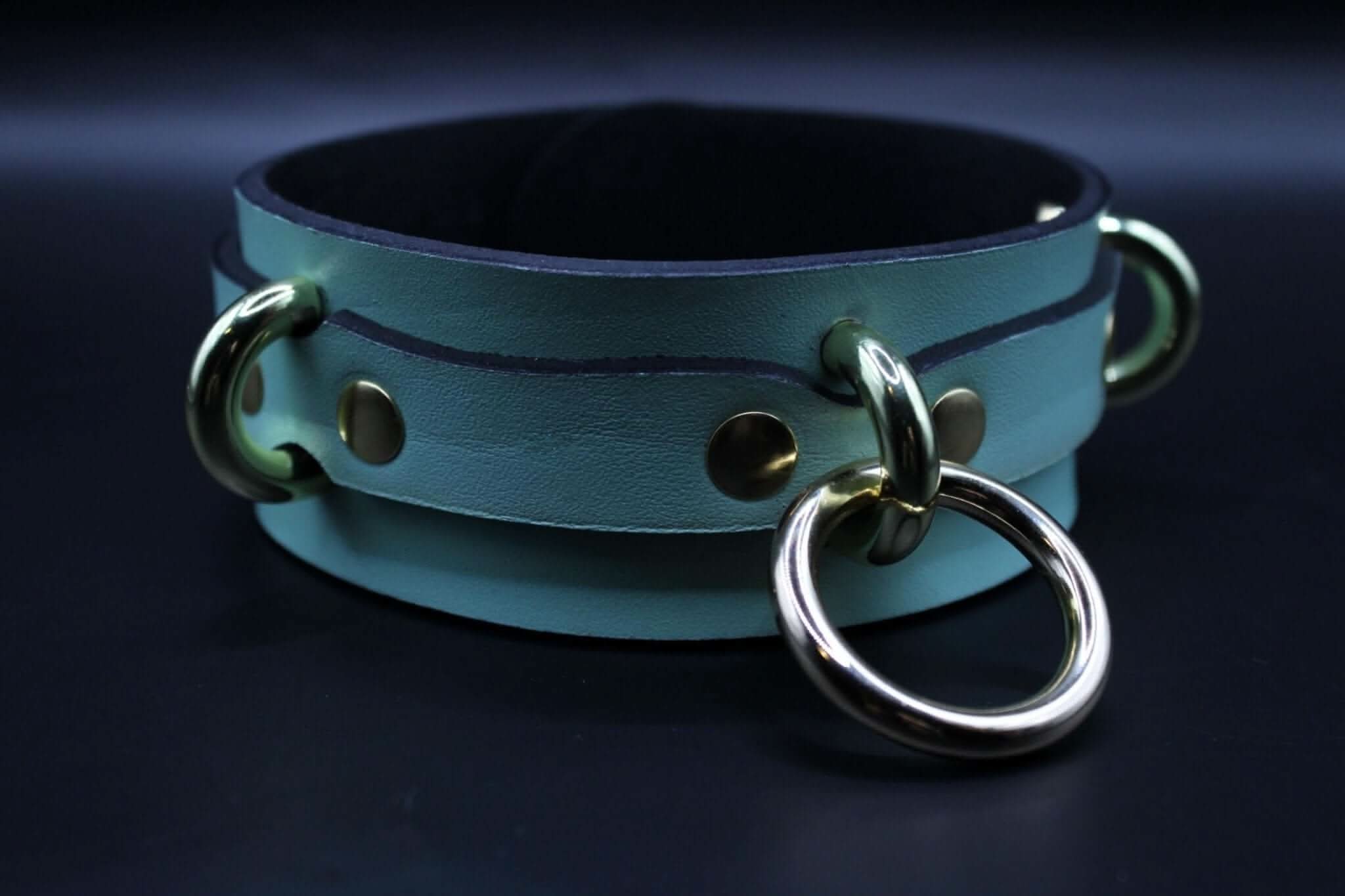 Mint green posture collar with gold O-ring, ideal for BDSM, submissive jewelry, and bondage accessories.