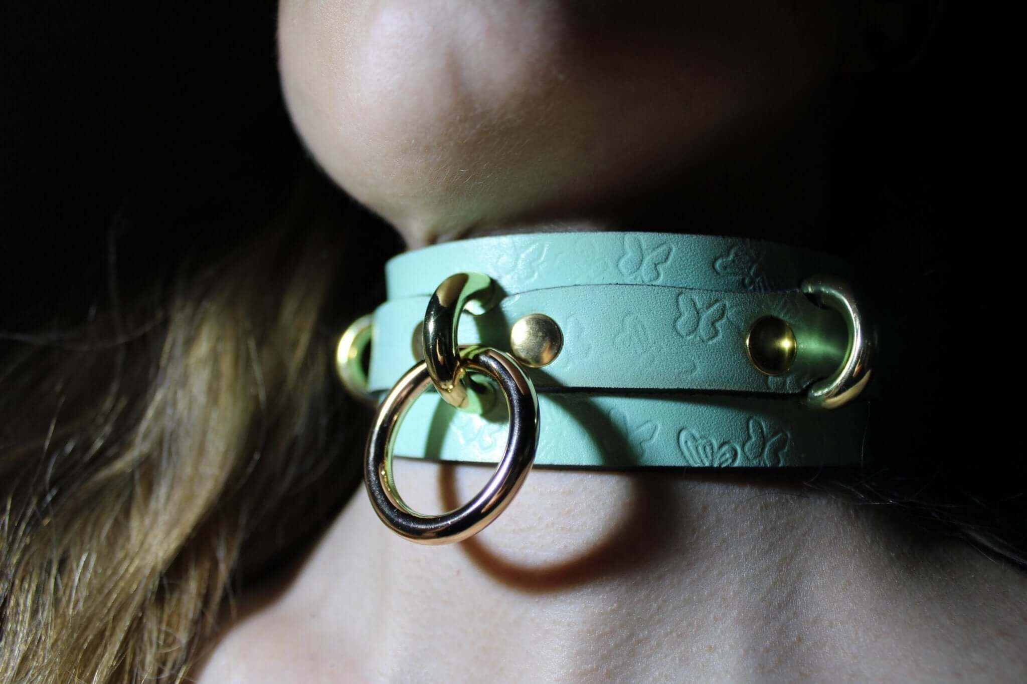 Mint green submissive collar with butterfly details, perfect for bondage play and as a discreet day collar.