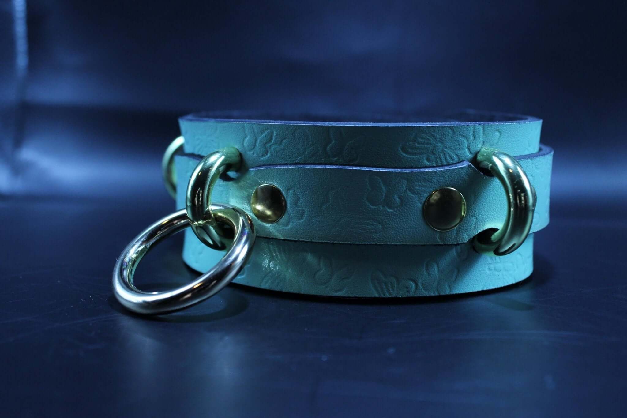 Mint green leather submissive collar with butterfly embossing and gold hardware, perfect for BDSM and erotic play.