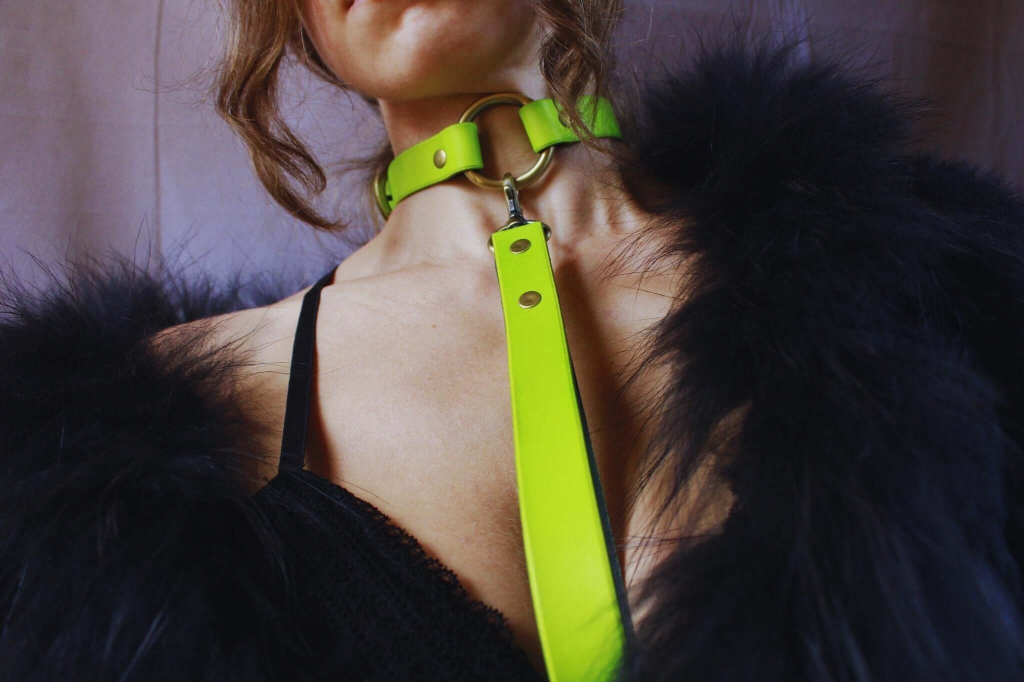 Neon green BDSM collar with leash showcasing submissive jewelry, perfect for discreet day wear and playful bondage aesthetics.