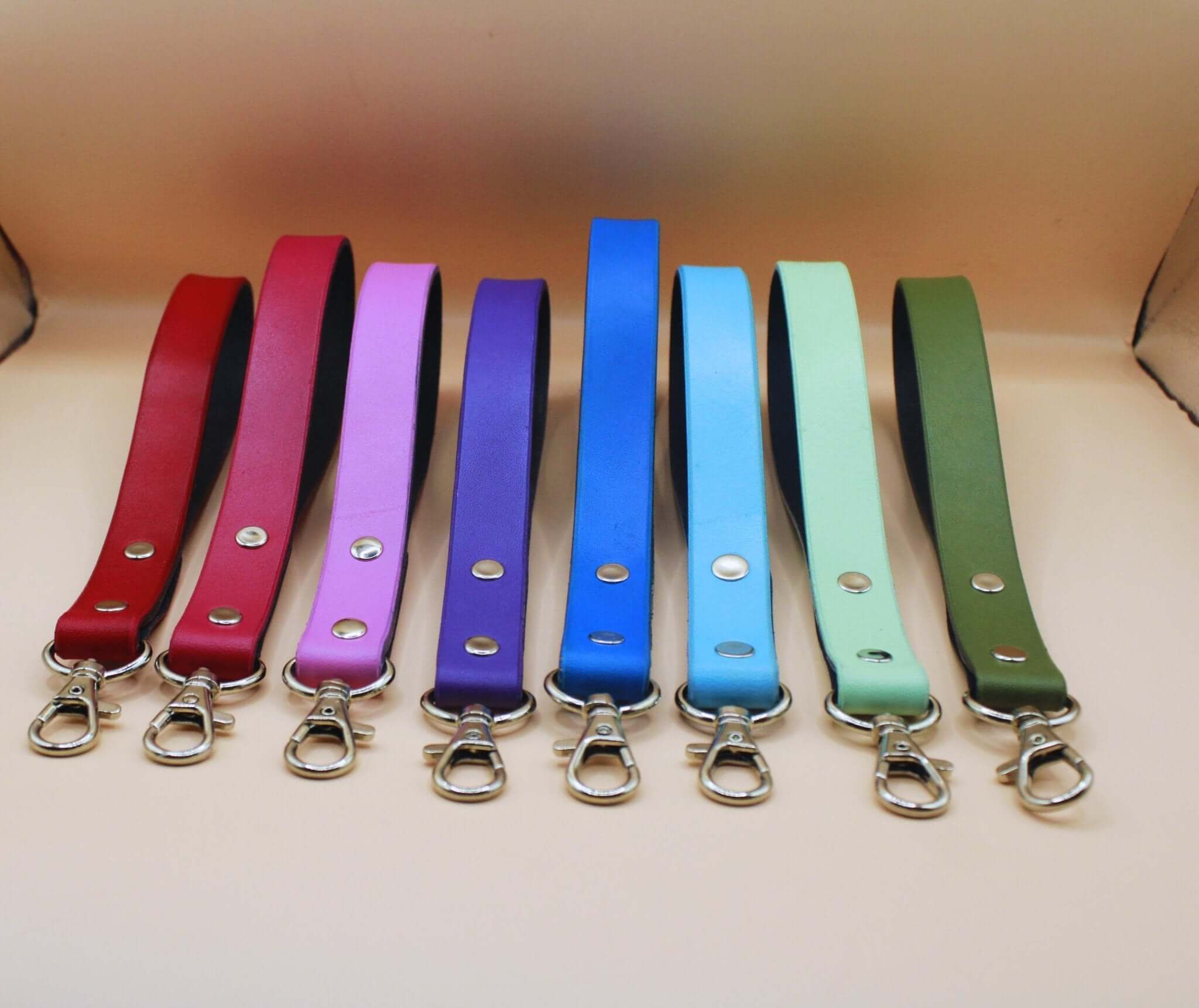 Colorful BDSM leash collection in red, pink, blue, purple, and green for sub collar and bondage gear.