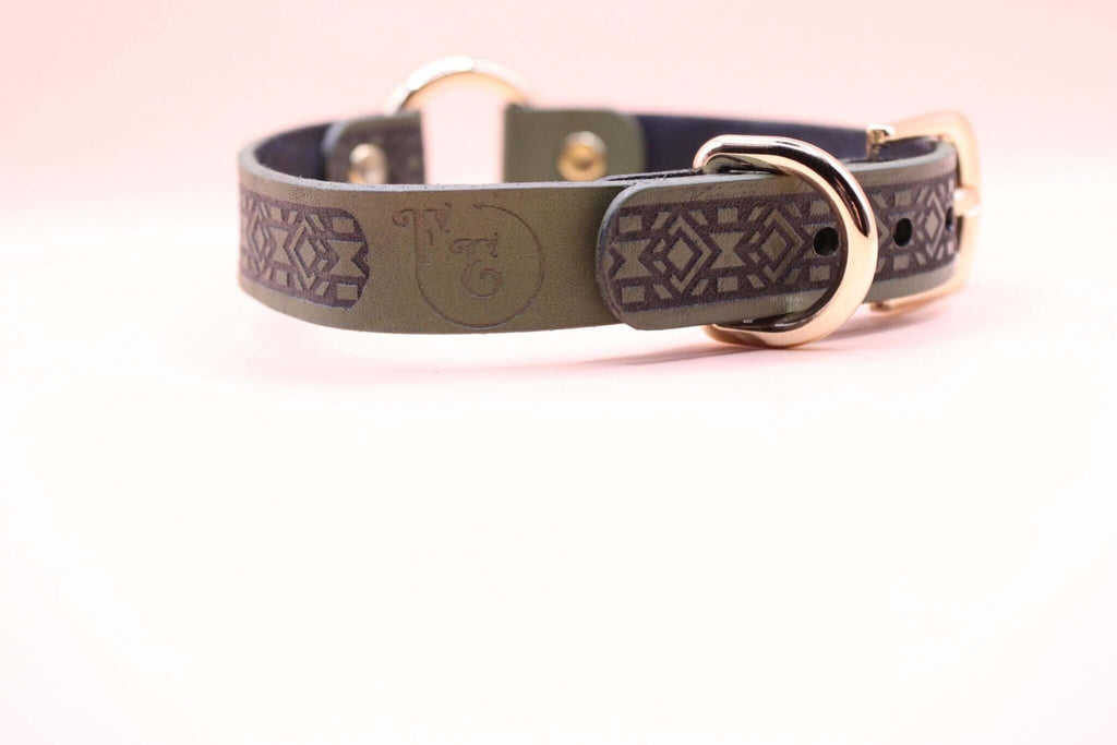 Olive leather choker collar with intricate design, perfect as a discreet BDSM day collar and submissive jewelry.