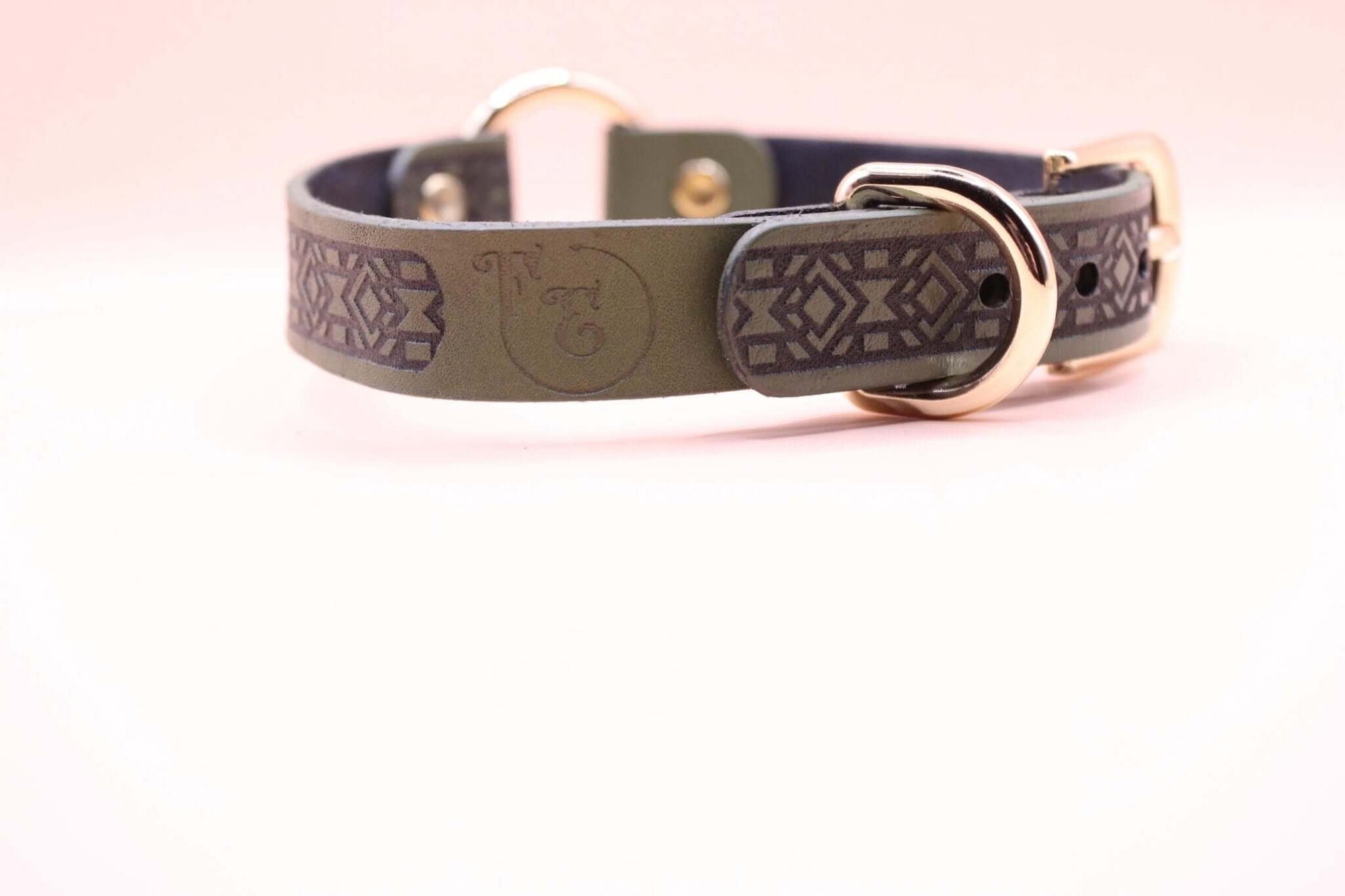 Olive leather choker collar with intricate design, perfect as a discreet BDSM day collar and submissive jewelry.