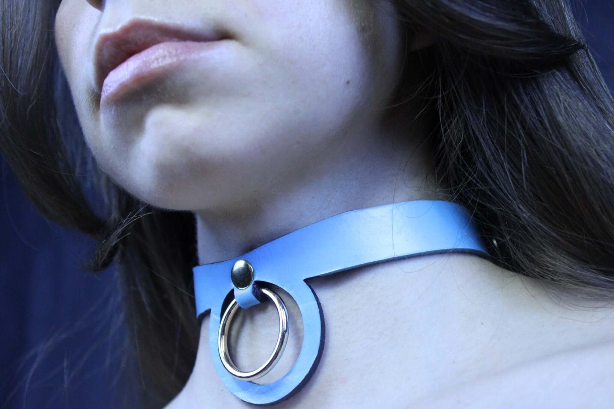 Pastel blue submissive collar with a ring detail, perfect for BDSM, day collar, and bondage jewelry.