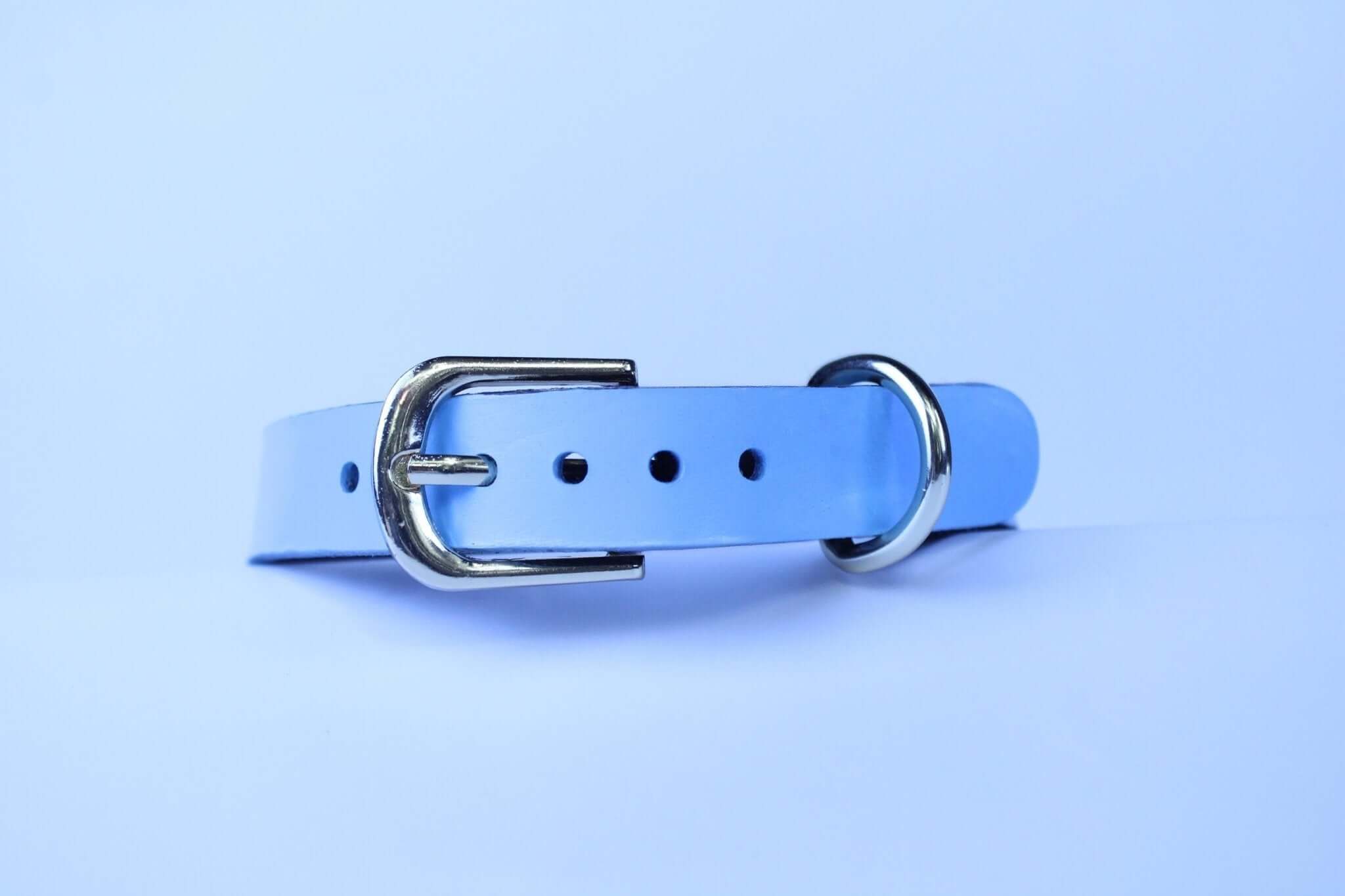 Pastel blue submissive collar with silver buckle, perfect for BDSM and discreet day wear.