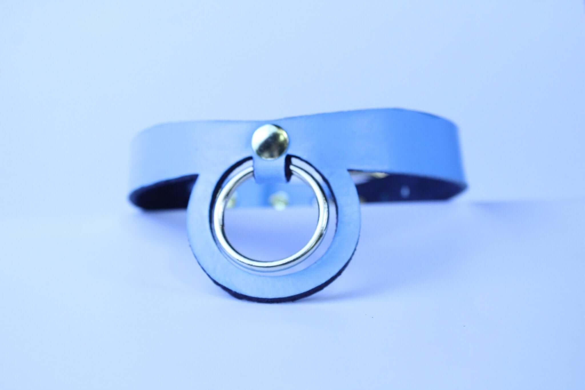 Pastel blue BDSM collar with metal ring, ideal for submissive jewelry and discreet day collar use.