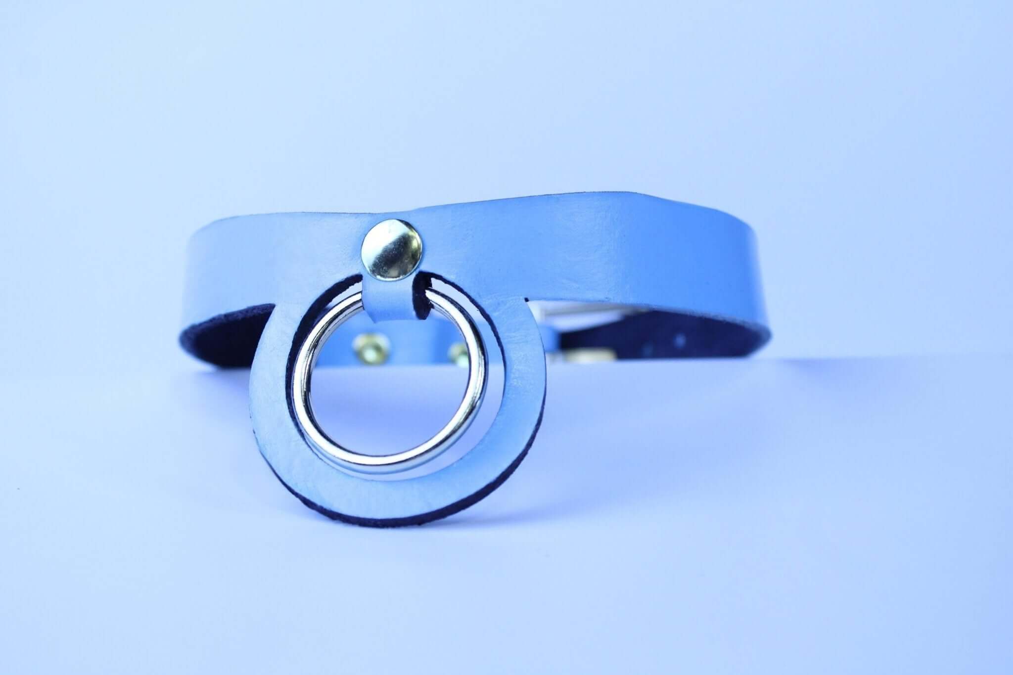 Pastel blue BDSM collar with metal ring, ideal as a discreet day collar and submissive jewelry for bondage play.