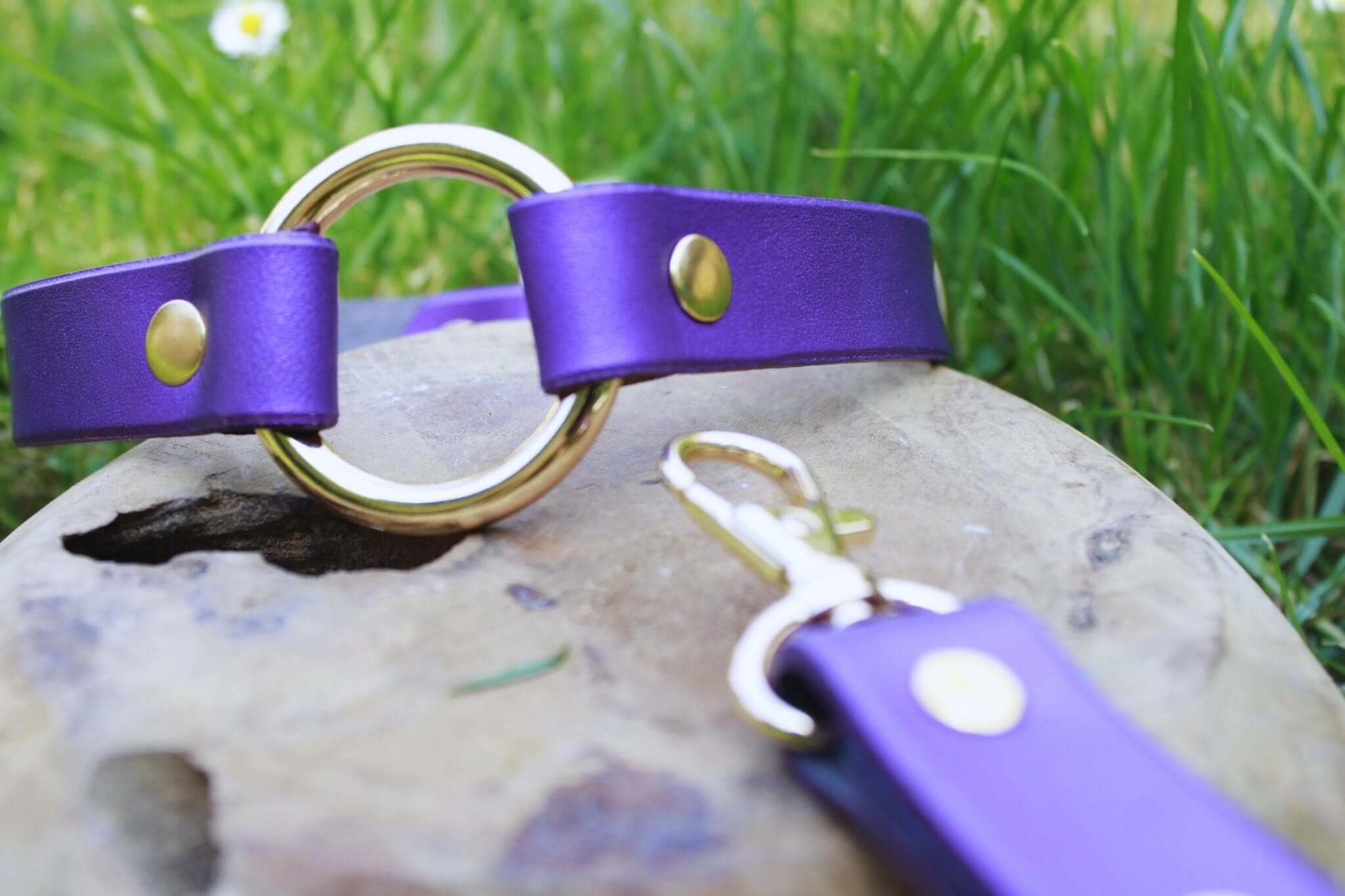 Pearl purple leather choker with gold accents, perfect as a discreet submissive collar in BDSM fashion.