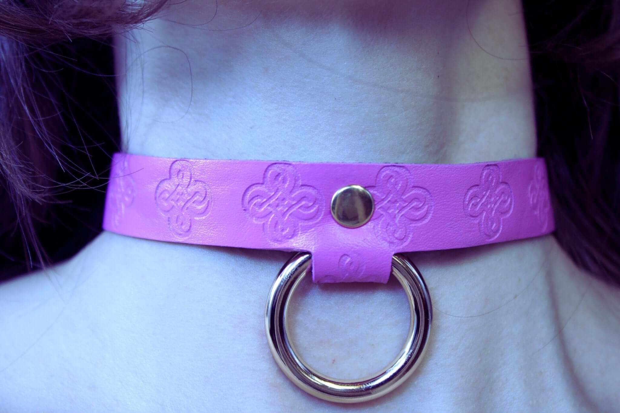 Handmade pink leather submissive collar with O-ring, perfect for BDSM play and as a discreet day collar.