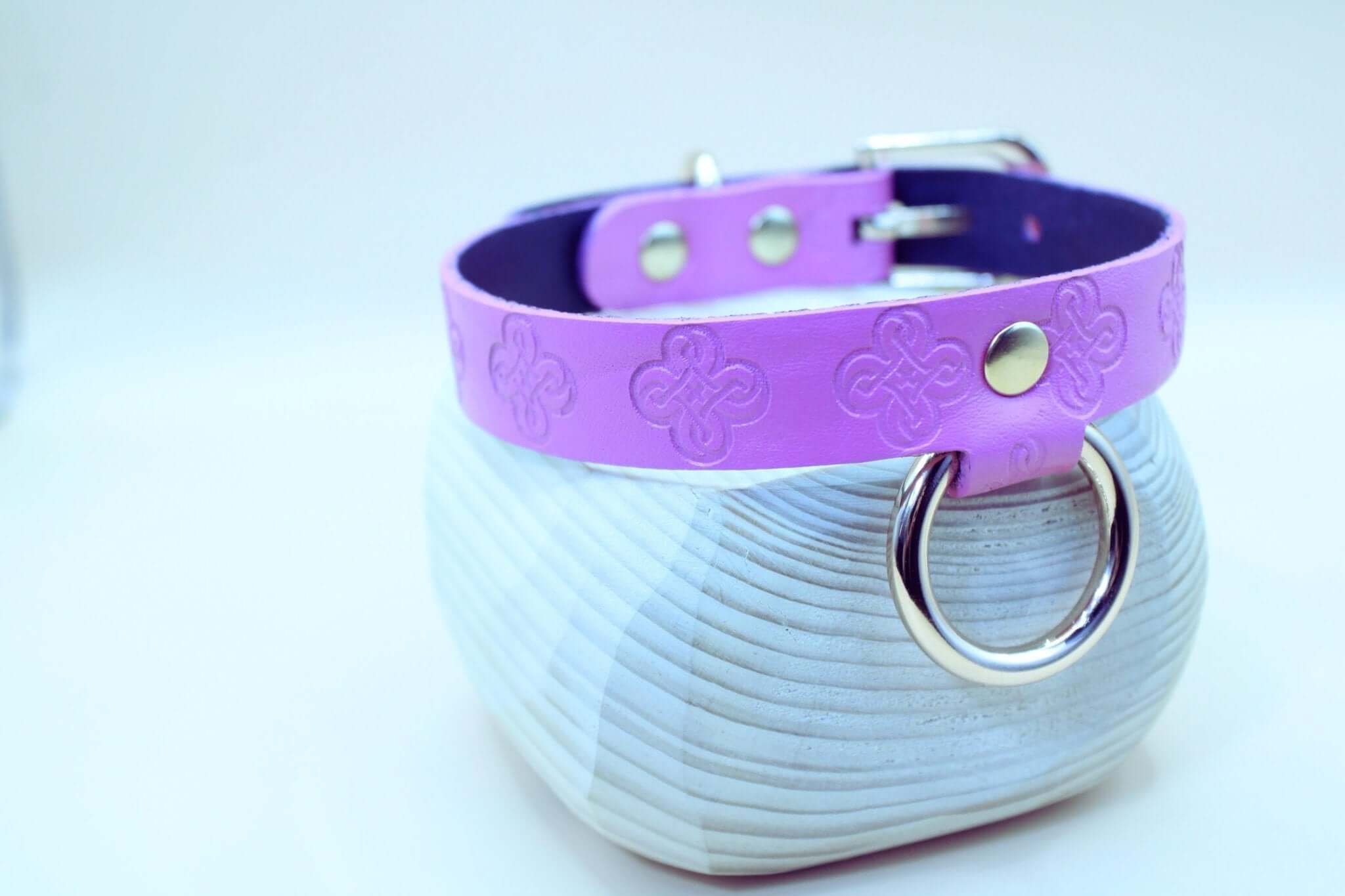 Handmade pink leather BDSM collar with O-ring, perfect for submissive jewelry and bondage gear.