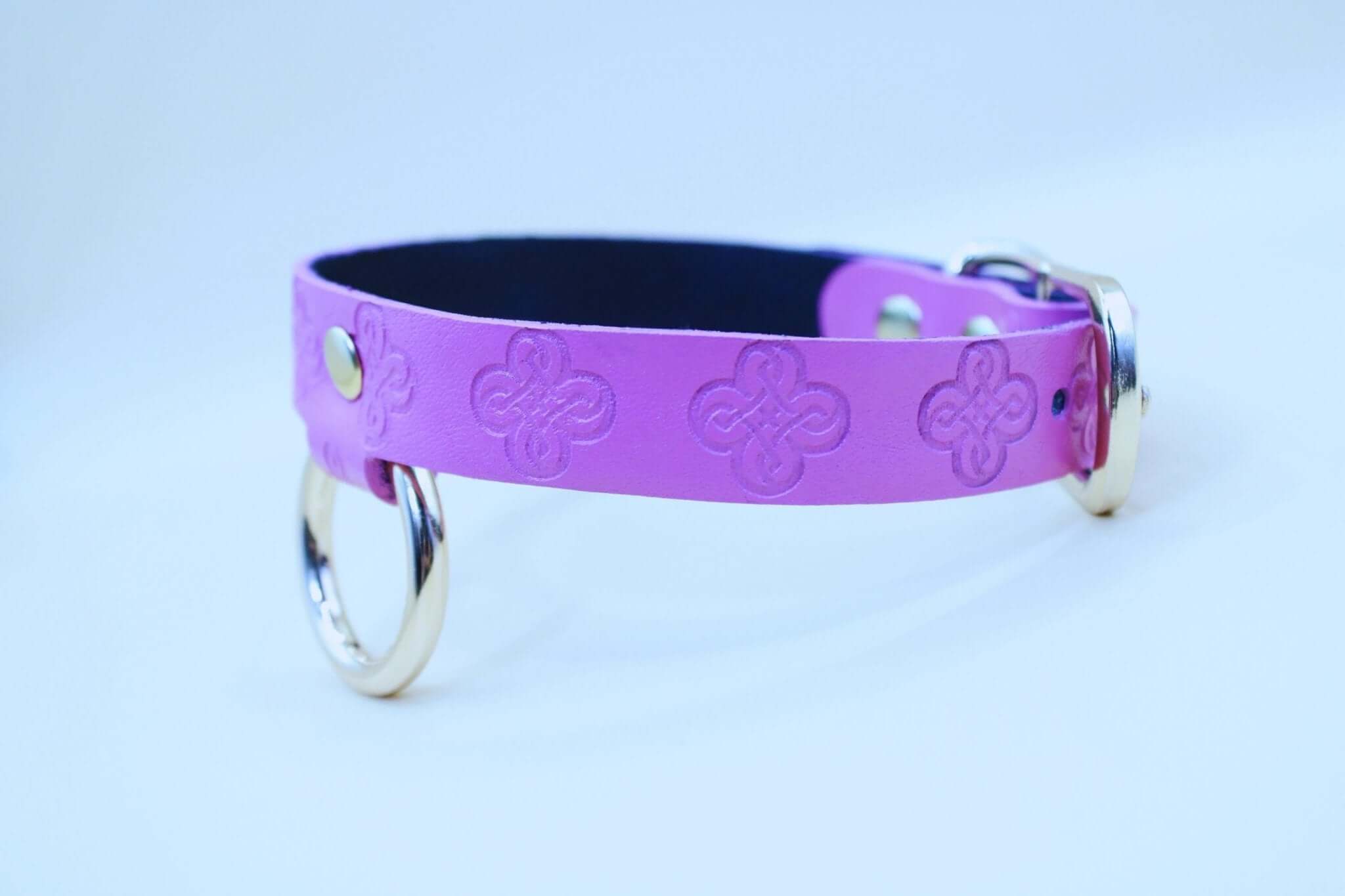 Handmade pink leather BDSM collar with O-ring, perfect for submissive jewelry and bondage gear.