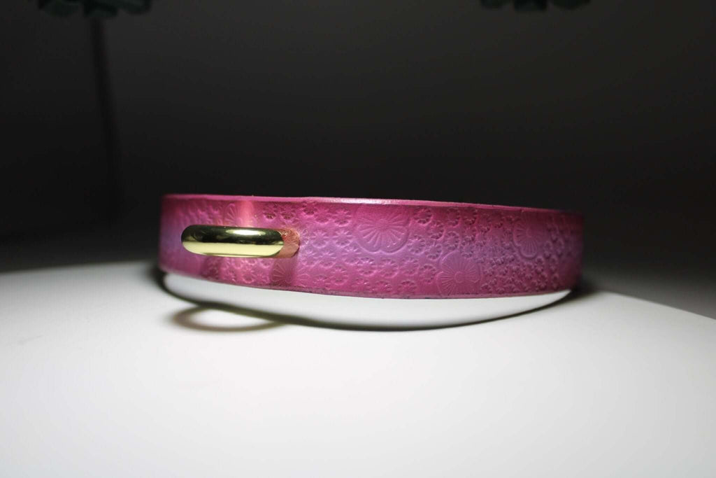 Pink floral embossed leather bdsm collar with O-ring, perfect for submissive jewelry and discreet day wear.