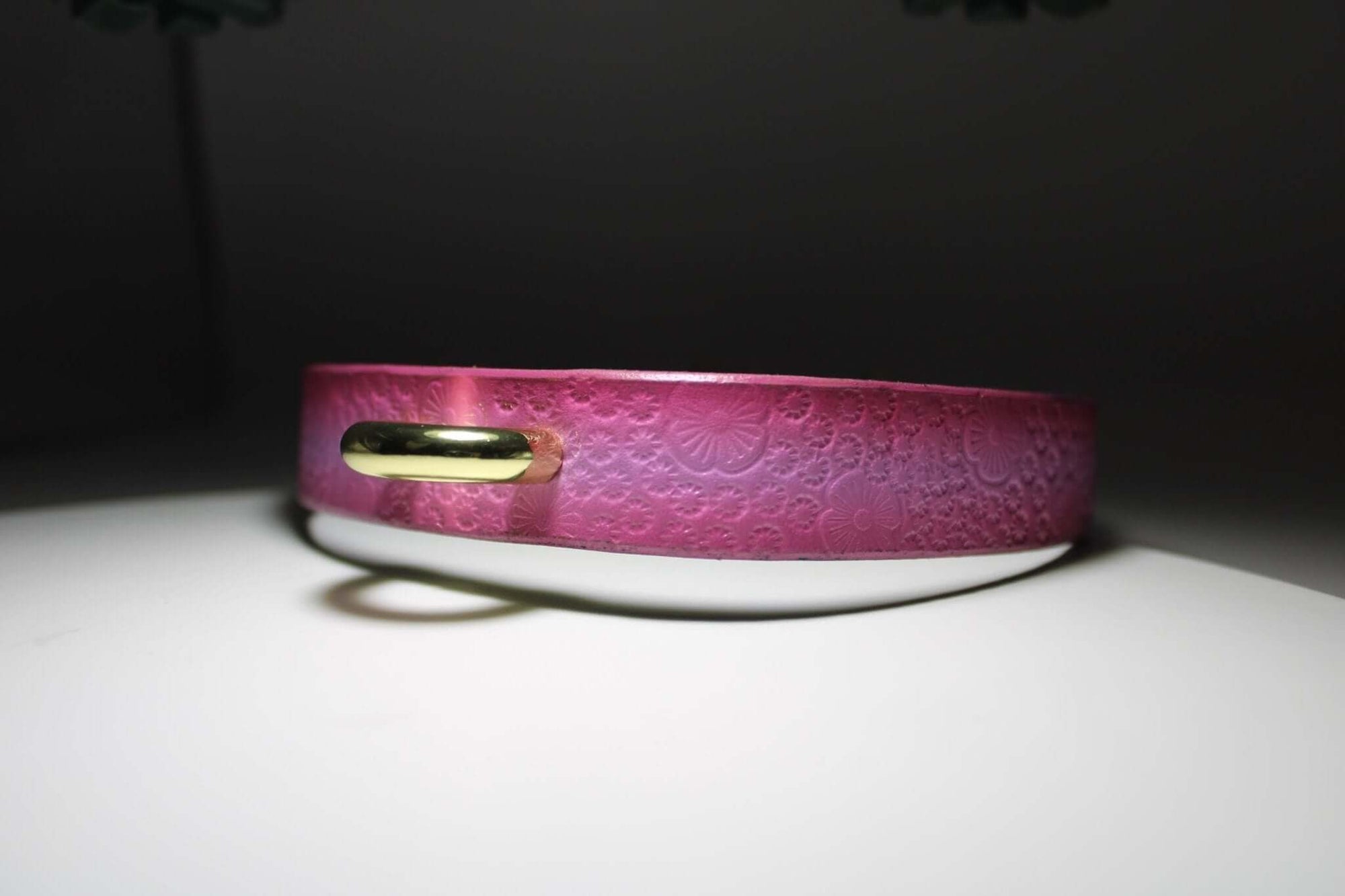 Pink floral embossed leather bdsm collar with O-ring, perfect for submissive jewelry and discreet day wear.