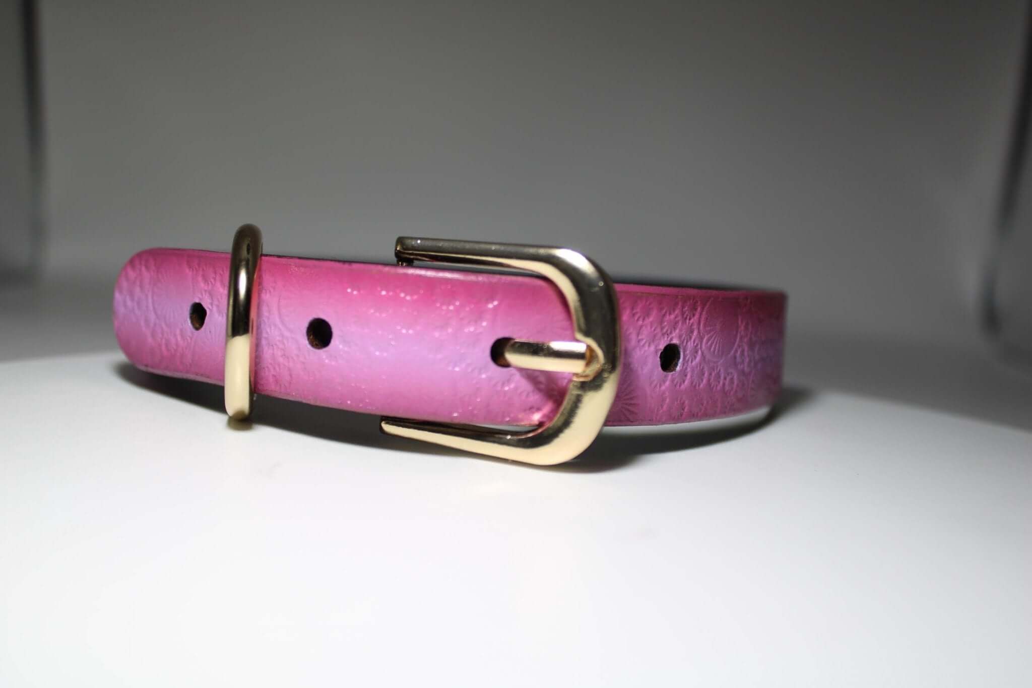 Pink floral soft leather submissive collar with gold buckle, perfect for BDSM day wear and elegant bondage jewelry.