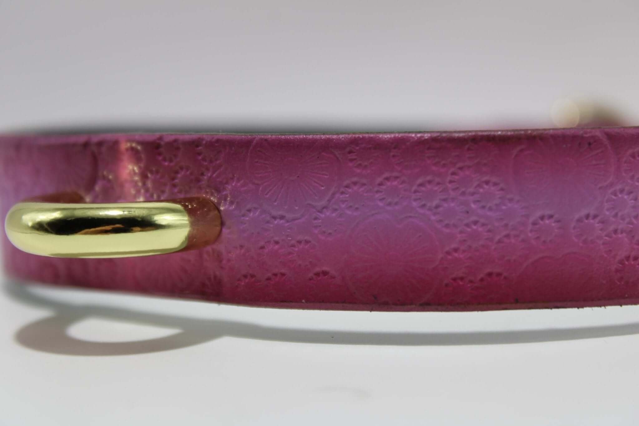 Pink floral leather submissive collar with O-ring, perfect for BDSM jewelry and discreet day wear.