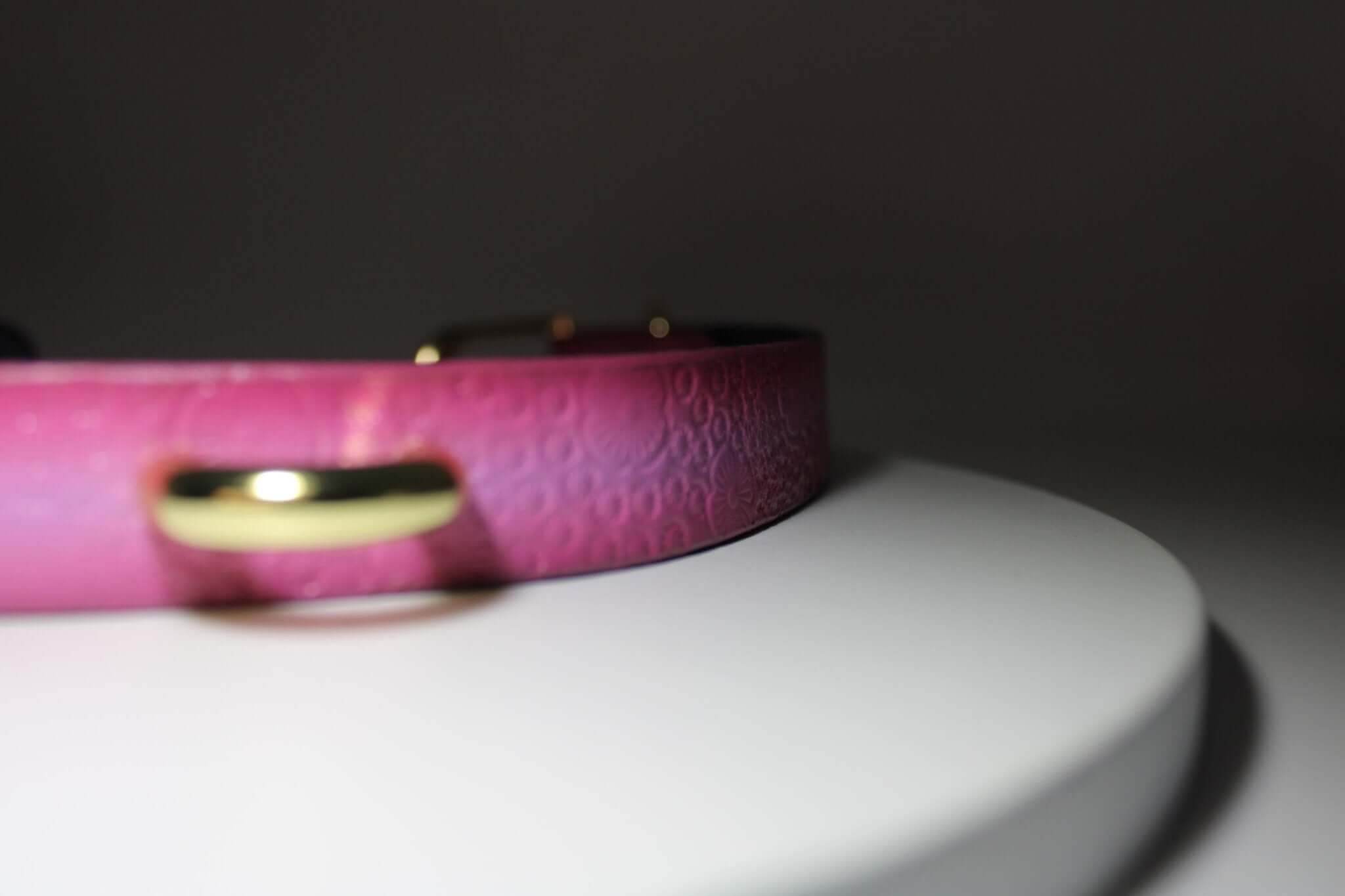 Close-up of a pink floral leather sub collar with gold O-ring, perfect for bdsm jewelry and discreet day wear.