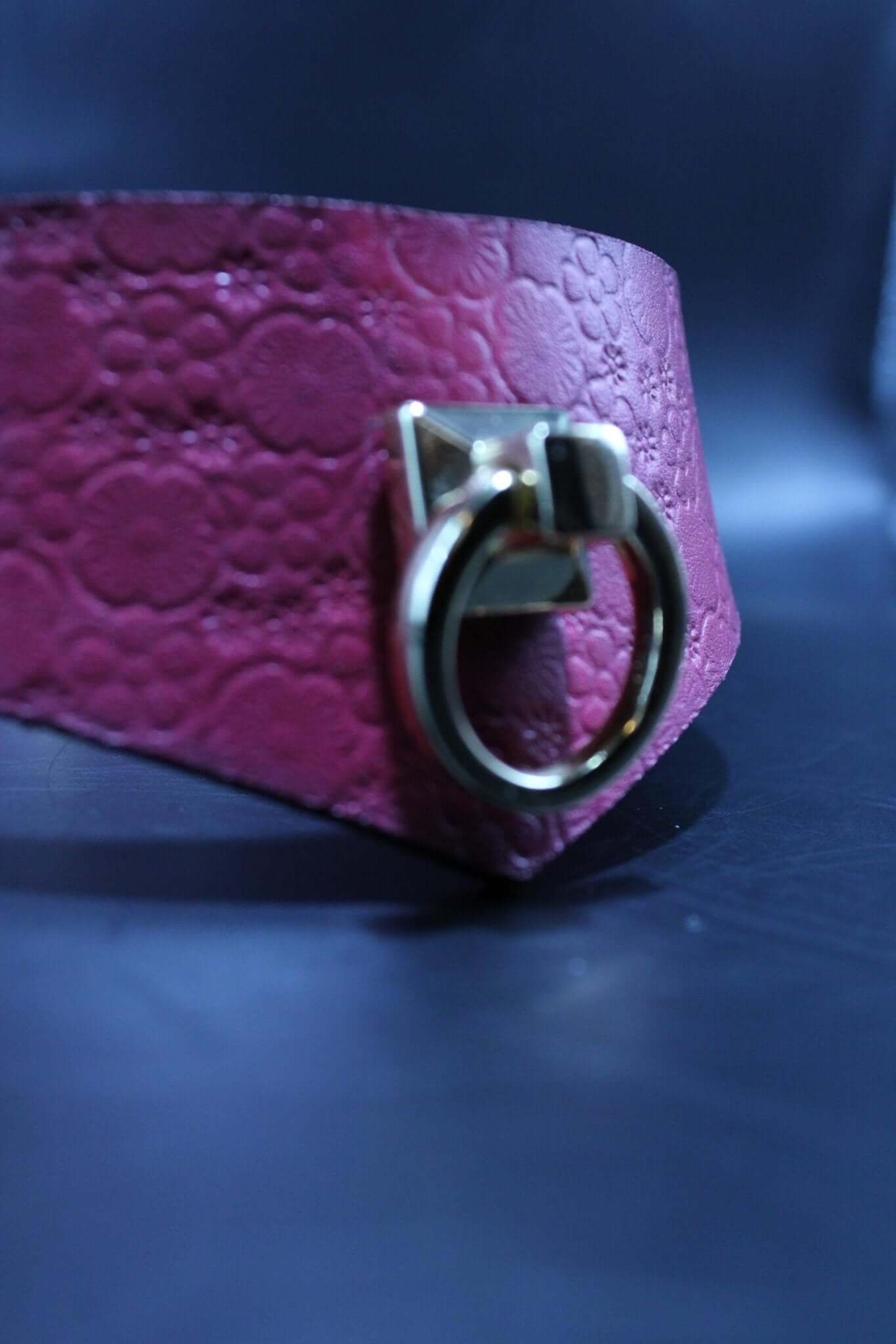 Pink leather submissive collar with gold O-ring, perfect for BDSM play and stylish submissive jewelry.