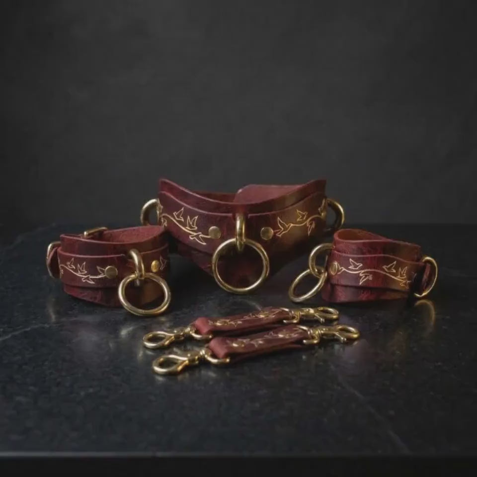 Ensemble de menottes et collier en cuir, motif oiseau italien, cadeau gothique