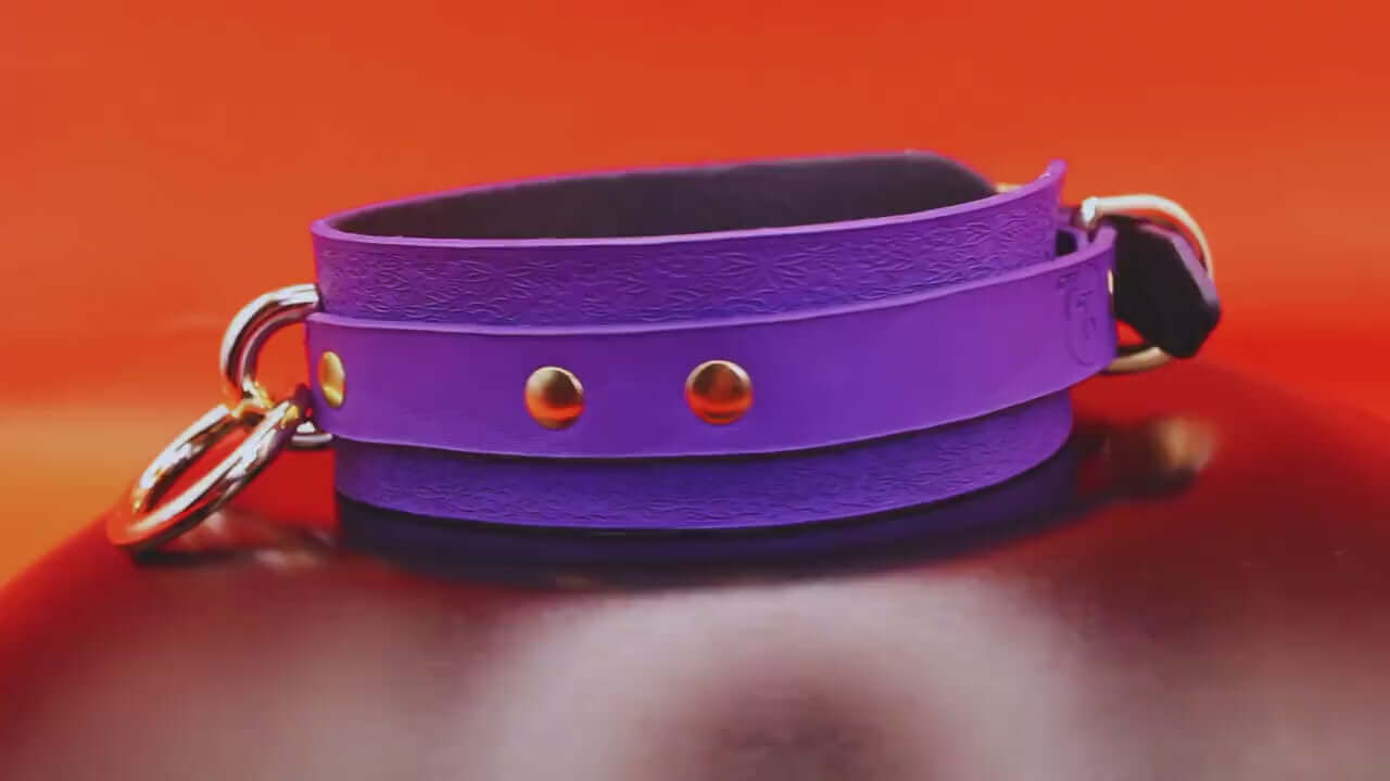 Purple floral submissive collar with O-ring, perfect for BDSM bondage and discreet day wear.