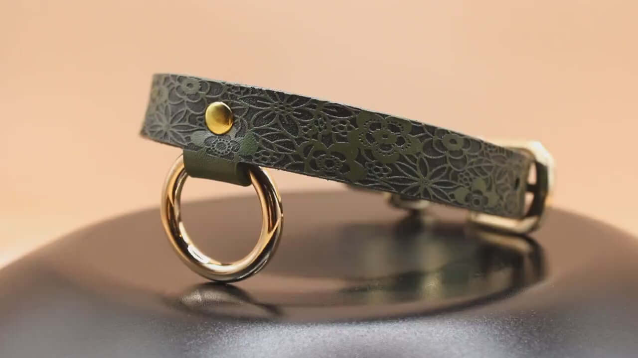 Elegant discreet day collar leather choker with floral design, perfect for submissive jewelry and BDSM fashion.