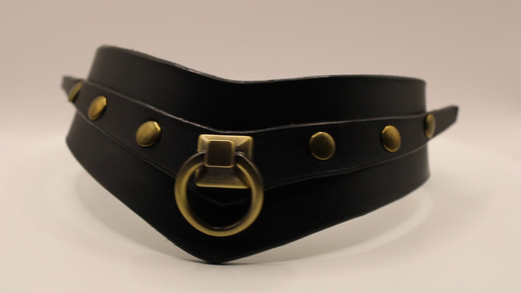 Submissive Collar Leather Choker – Black Posture Collar with Brass O-Ring