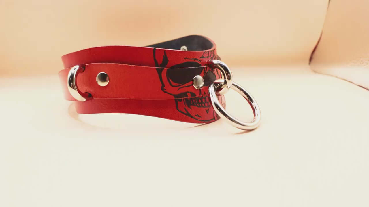 Bold Skull red leather BDSM collar with metal ring, ideal for submissive jewelry and bondage gear.