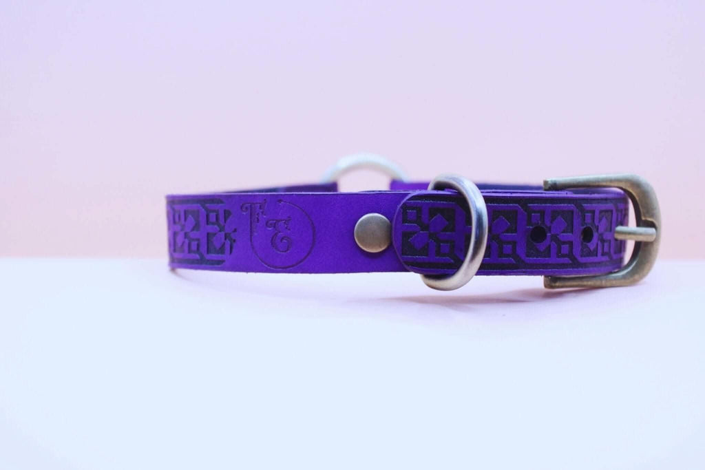 Handmade purple BDSM collar with geometric pattern and O-ring, perfect for submissive jewelry and bondage gear.