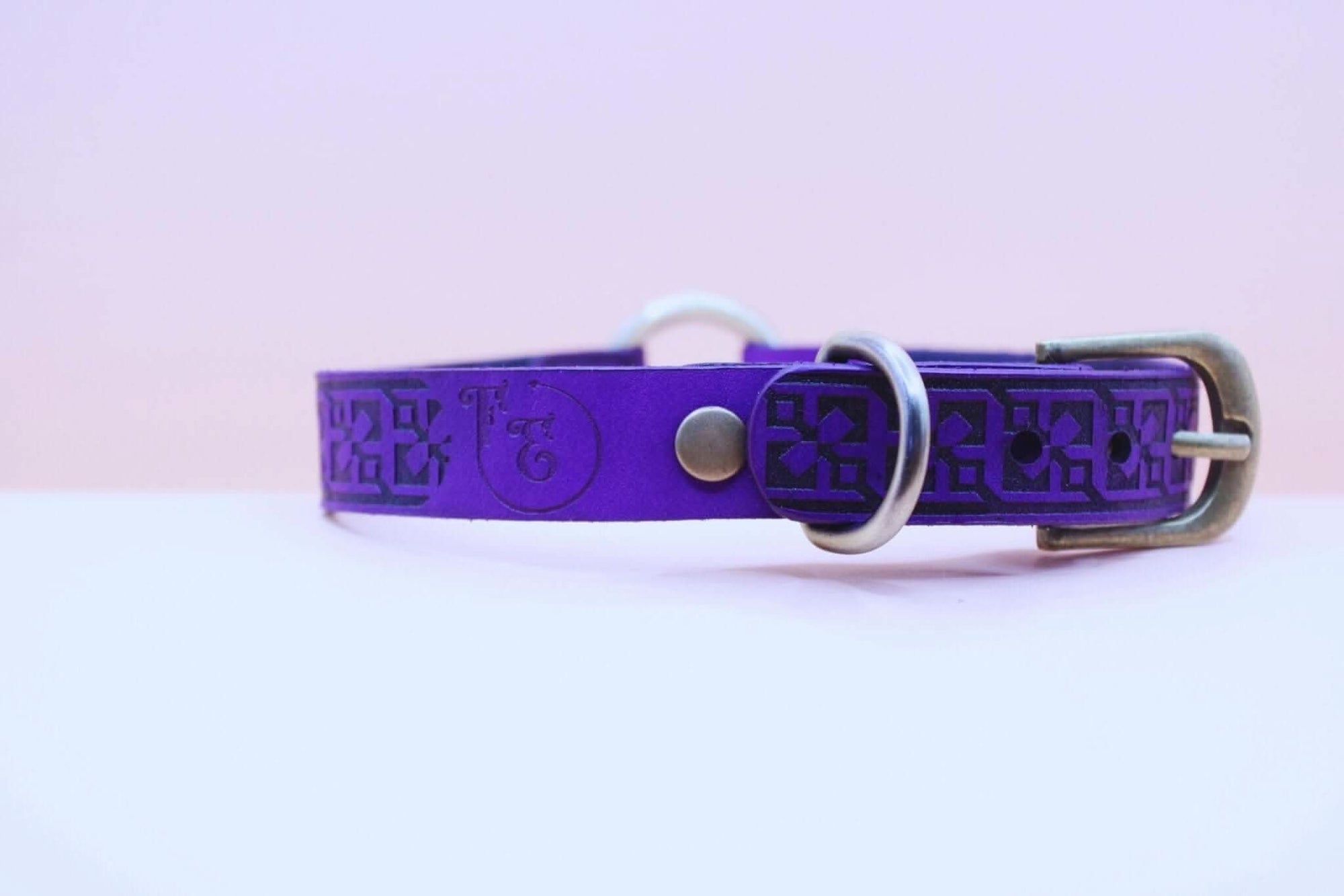 Handmade purple BDSM collar with geometric pattern and O-ring, perfect for submissive jewelry and bondage gear.
