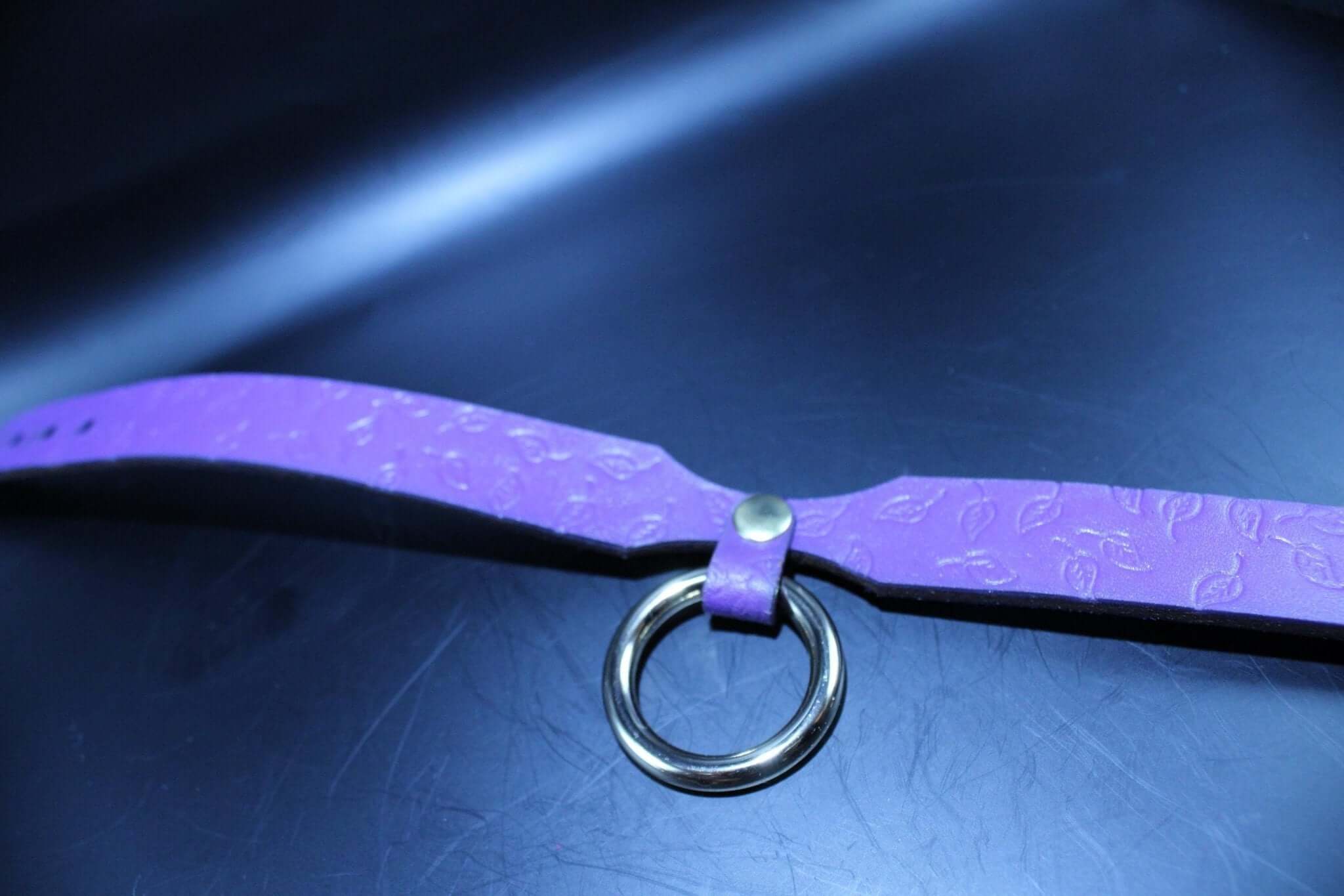 Purple leaf BDSM collar with O-ring, perfect as a discreet sub collar or bondage jewelry for stylish submission.