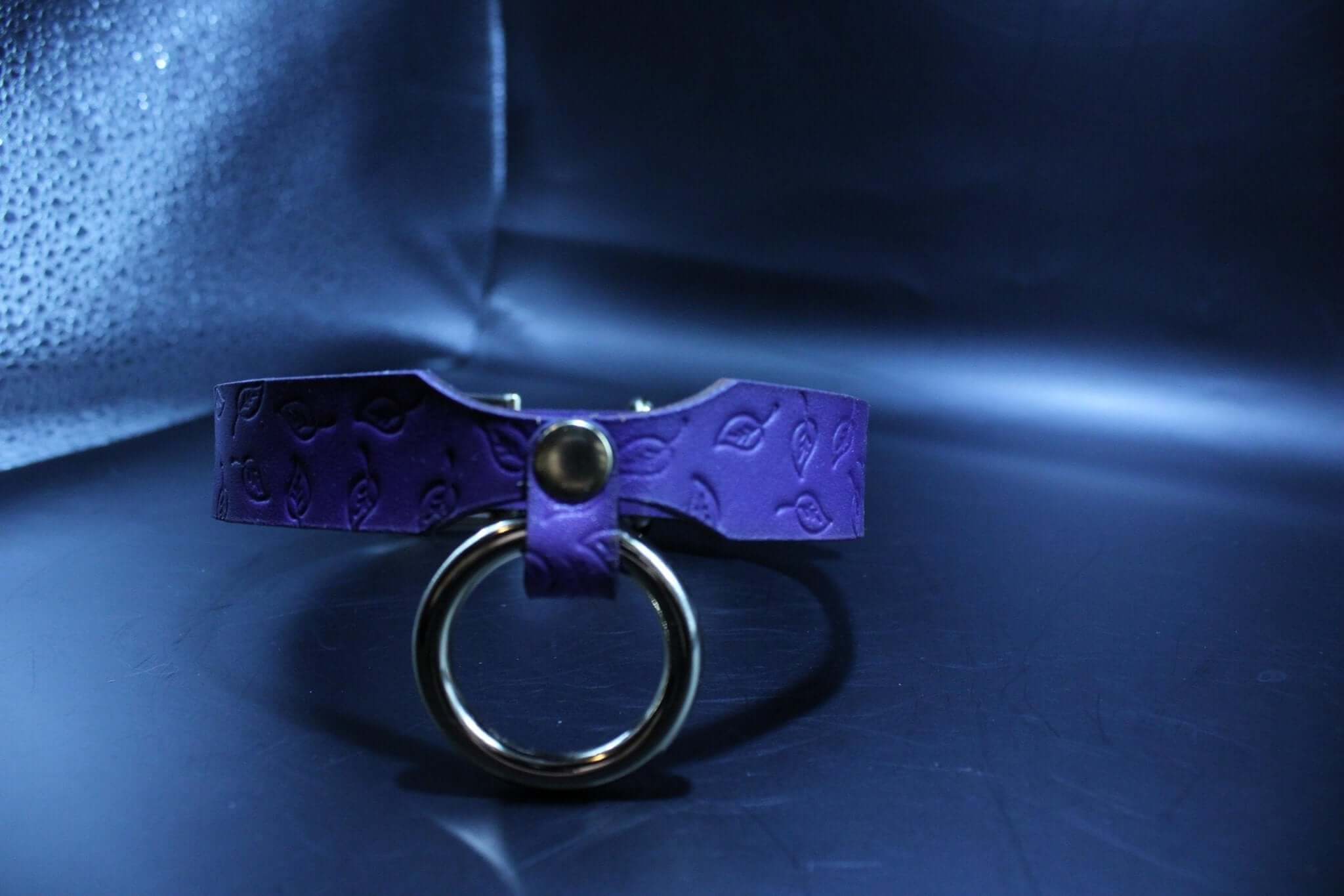 Purple leaf BDSM collar with O-ring, ideal for submissive jewelry and bondage gear.
