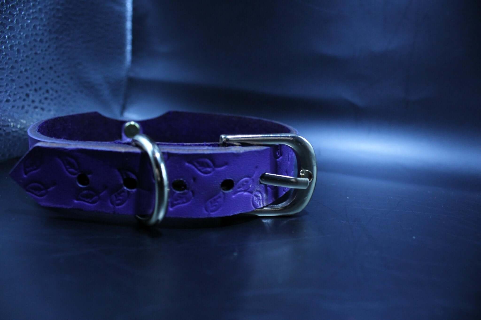Purple leaf embossed BDSM collar, elegant leather submissive jewelry, perfect for discreet day collar use.