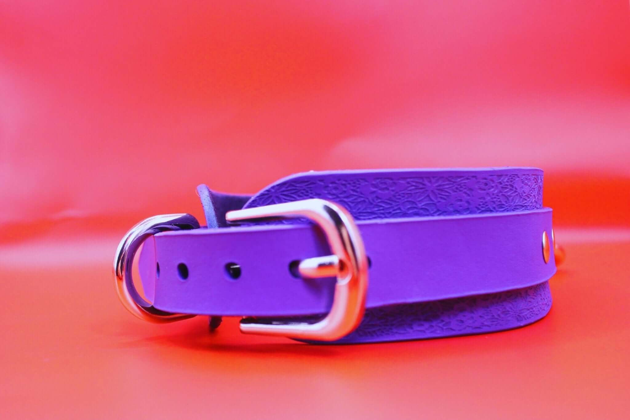 Purple leather choker collar for BDSM, discreet day collar with stylish design, perfect for submissive jewelry and bondage accessories.