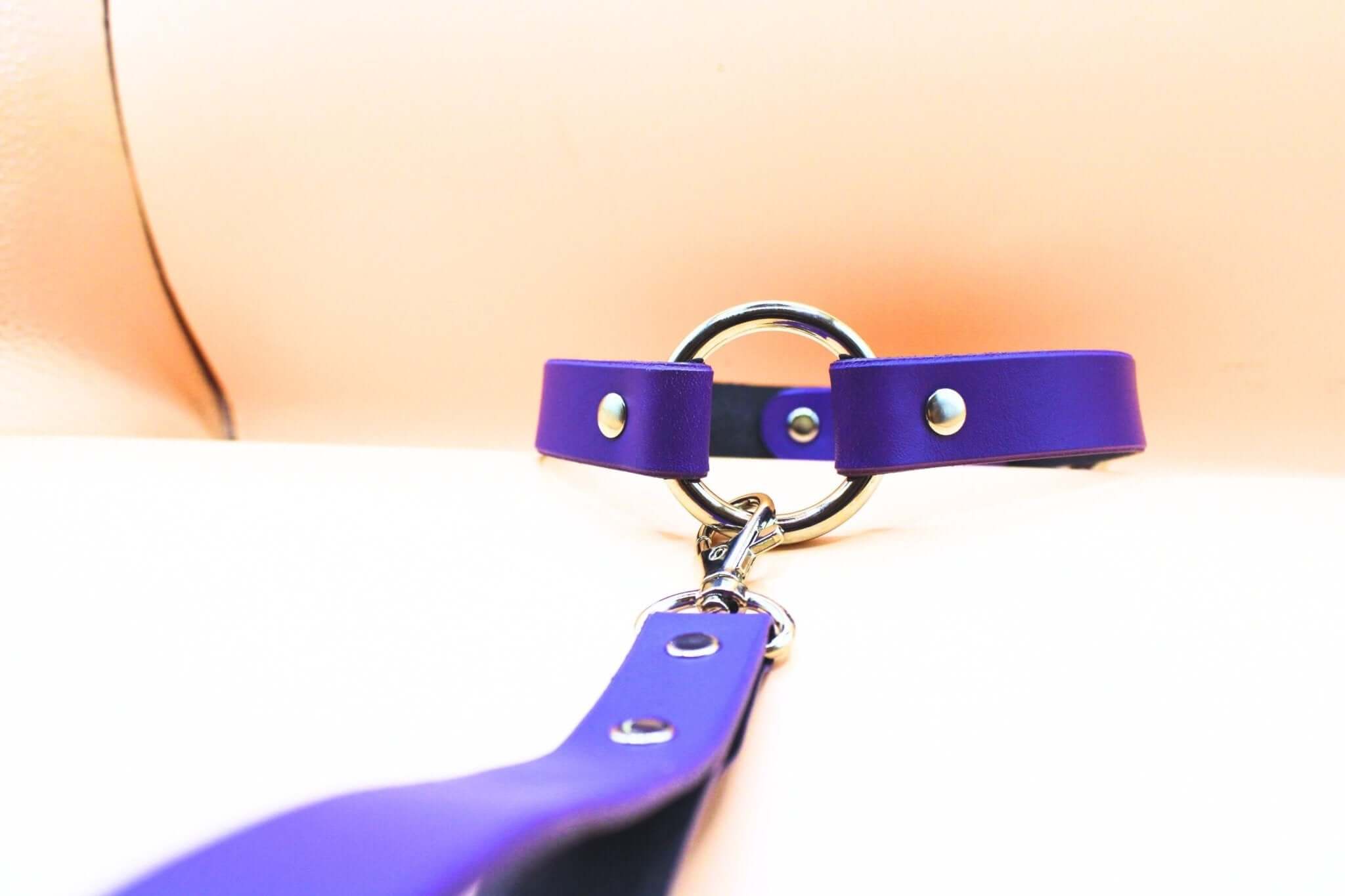 Purple leather choker with leash, perfect for BDSM, discreet day collar, submissive jewelry, and bondage accessories.