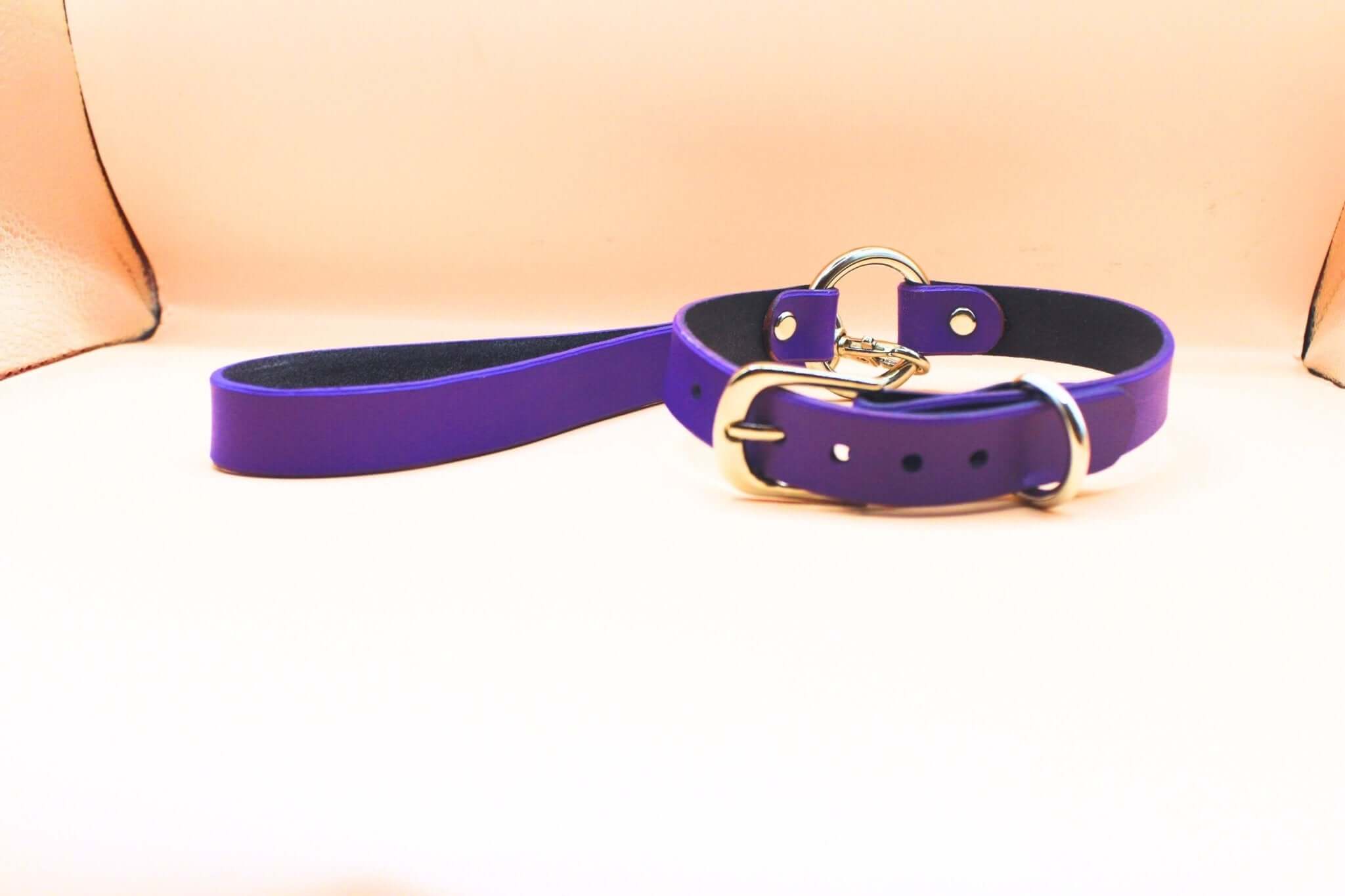 Purple leather choker with leash, perfect for discreet day wear and BDSM fashion, showcasing elegance and confident expression.