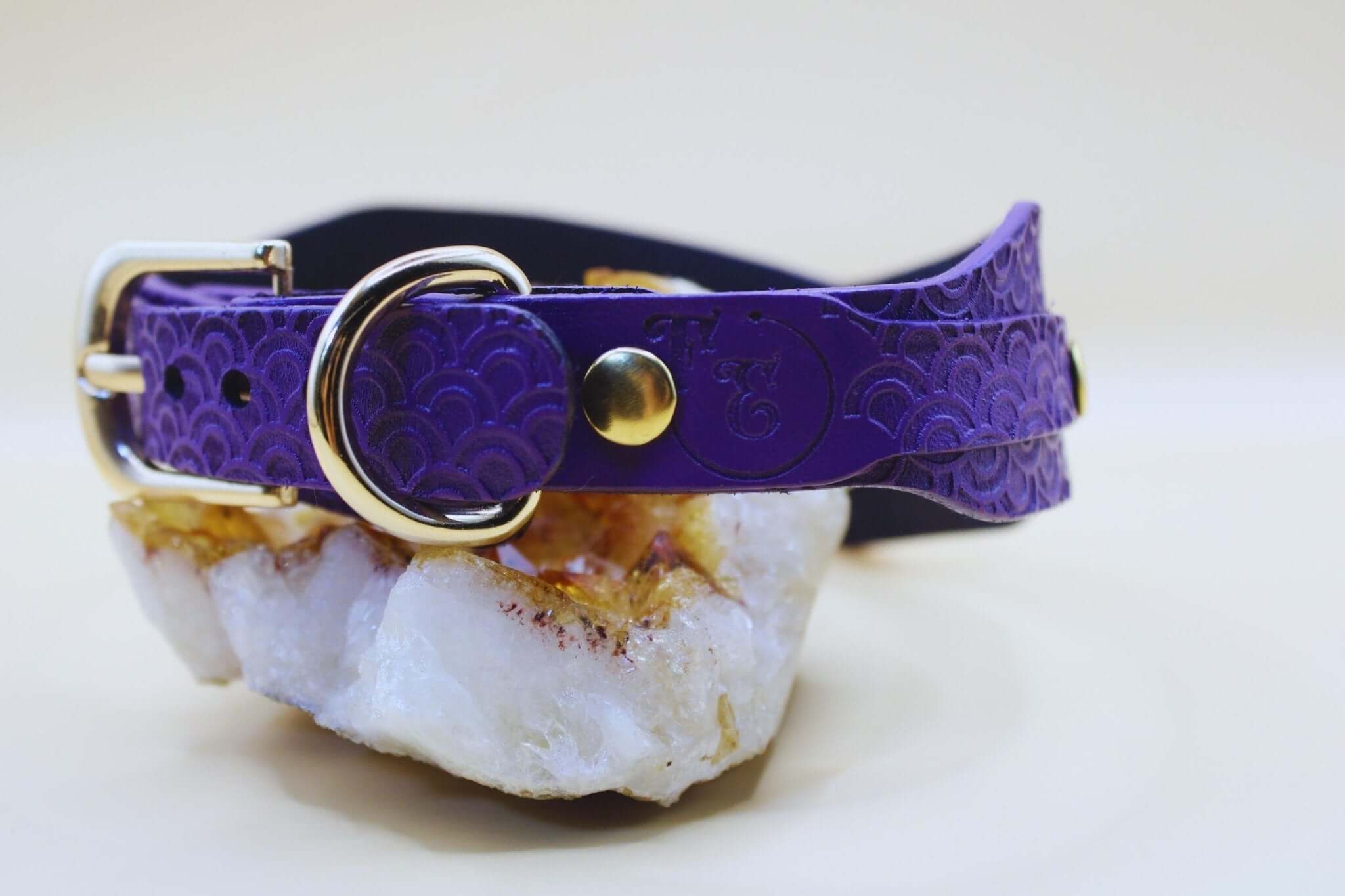 Elegant purple submissive collar with embossed scale pattern and D-ring, perfect for BDSM and playful submission.