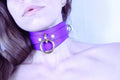 Handcrafted purple posture collar with gold hardware, ideal BDSM collar for submissive jewelry and D/s lifestyle.