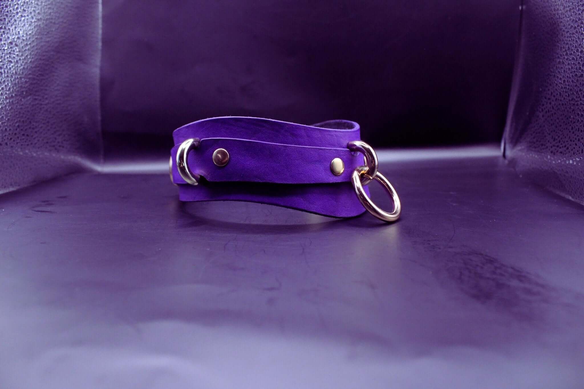 Purple posture collar with gold hardware, a luxurious submissive jewelry piece for BDSM and D/s lifestyle.