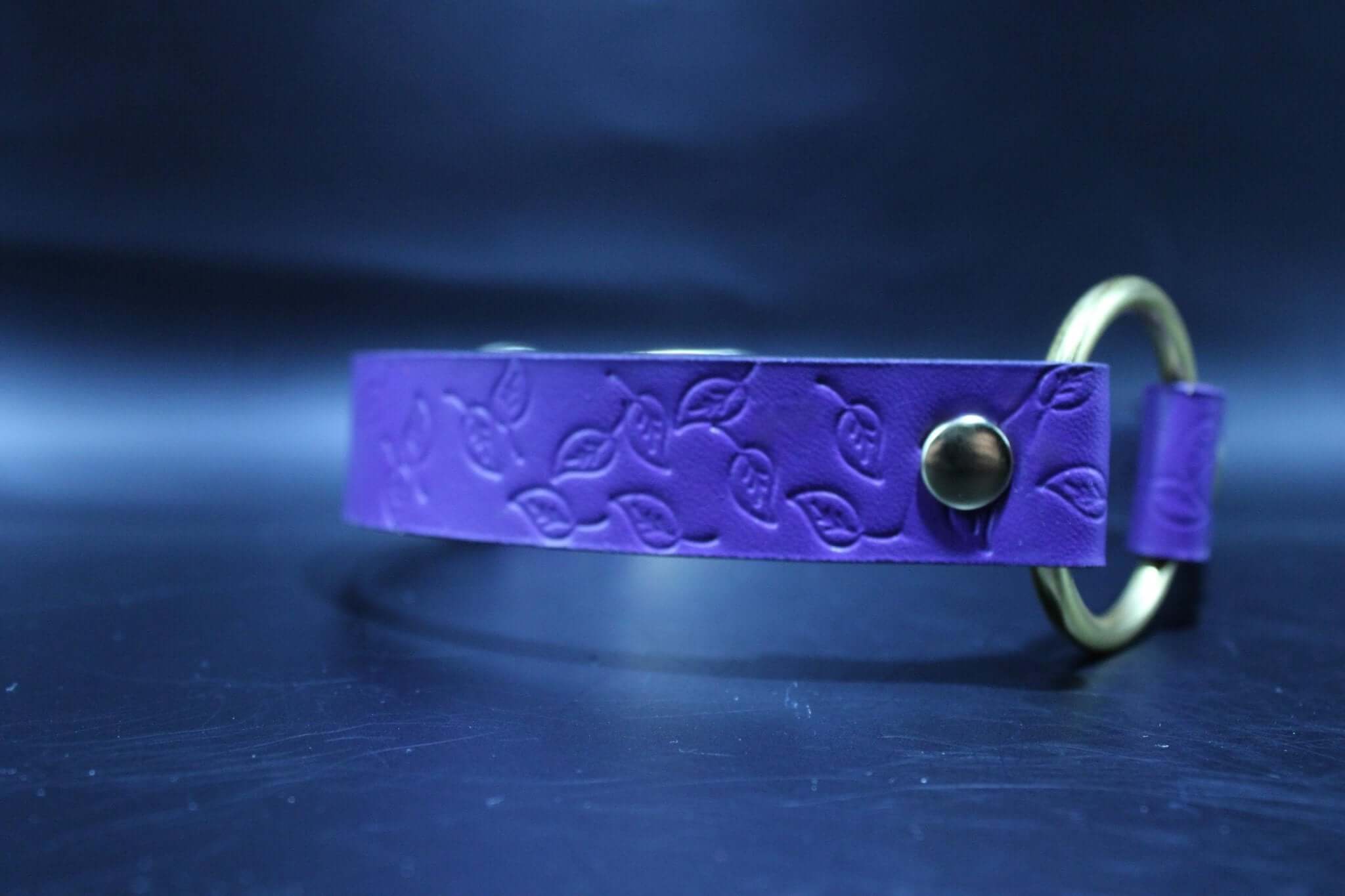 Purple submissive collar with embossed leaf pattern and brass O-ring, ideal for BDSM and petplay activities.