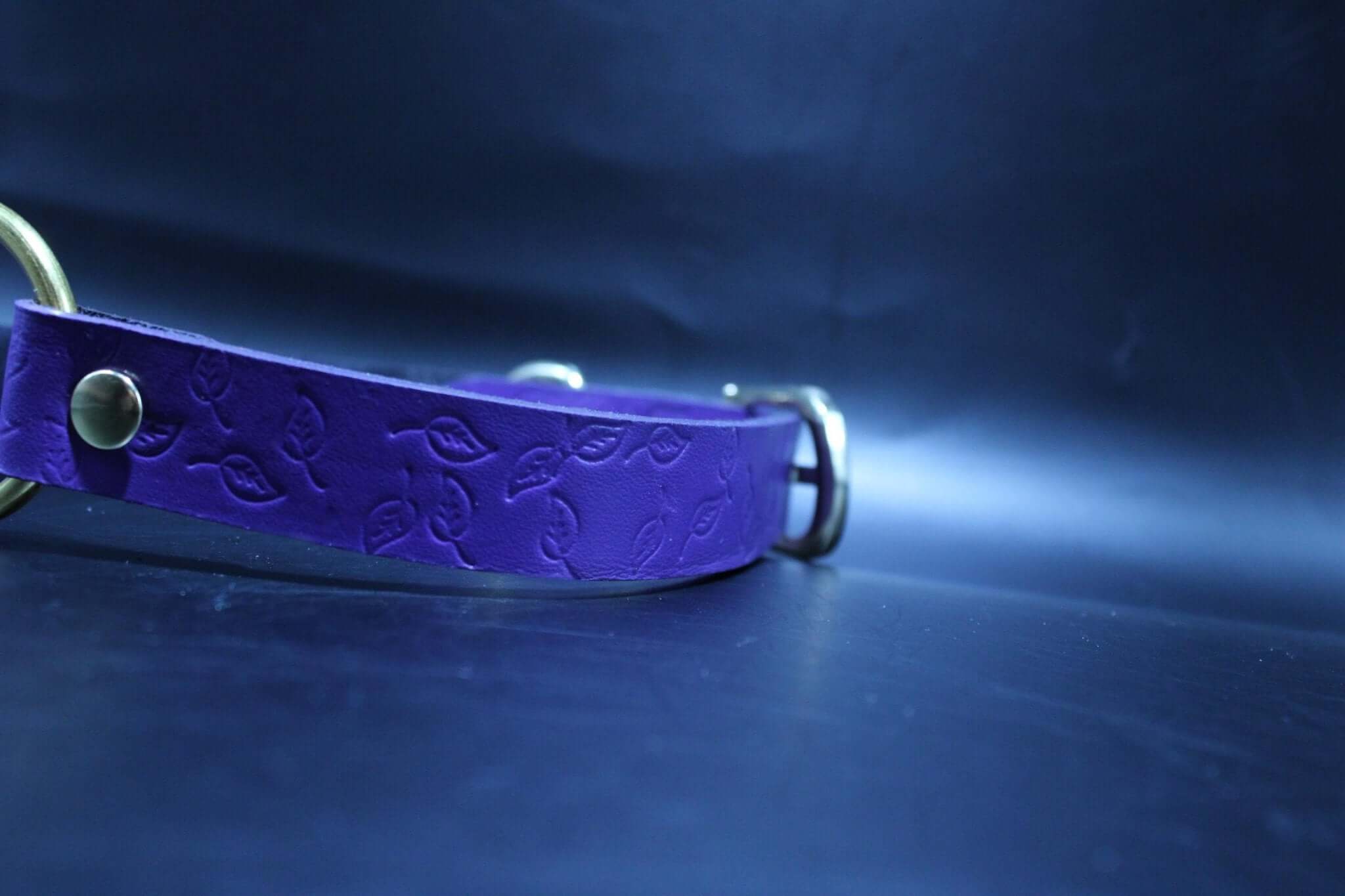 Purple submissive collar with embossed leaf pattern and brass O-ring, ideal for BDSM and pet play.